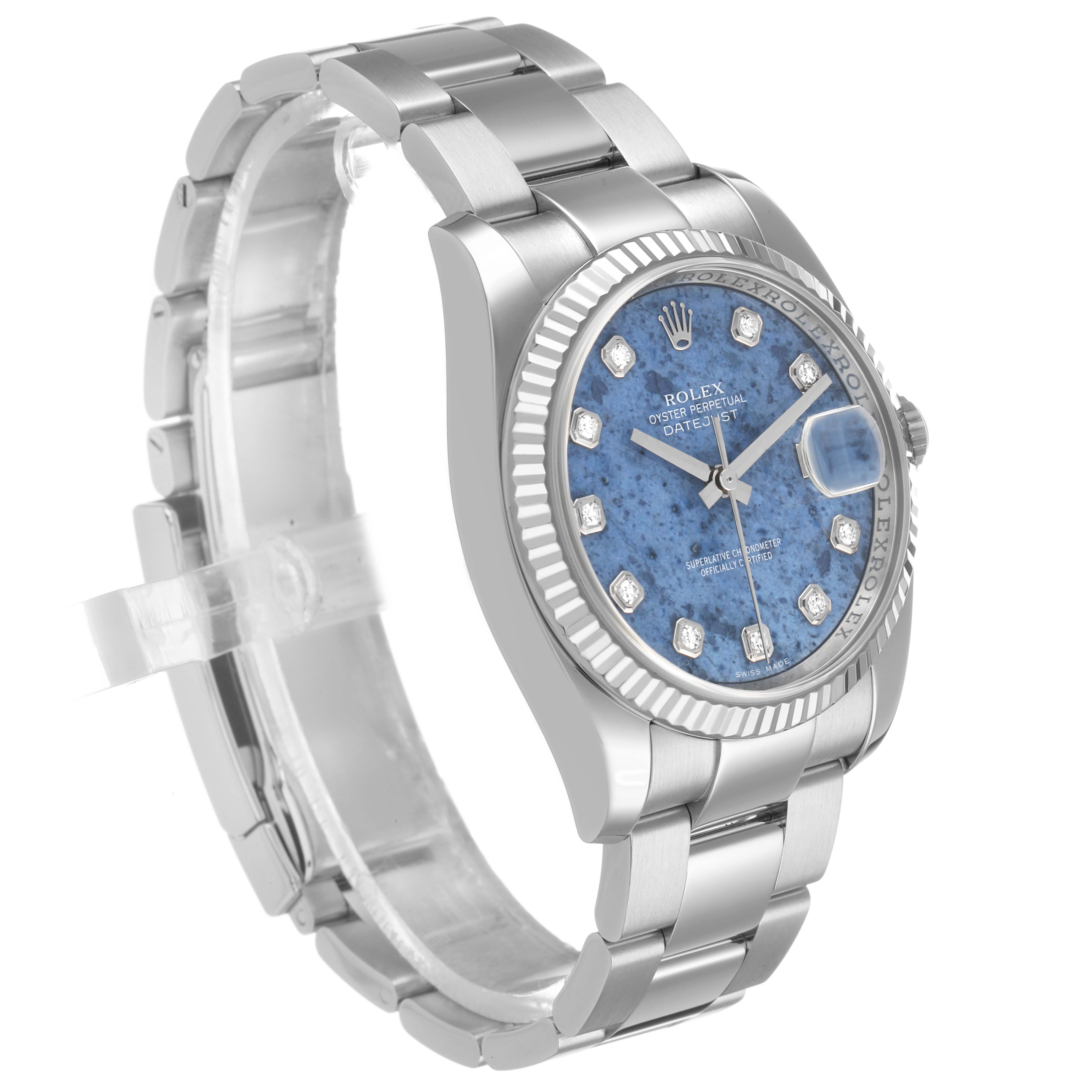 The image shows a Rolex Datejust 116234 Men's Stainless Steel Blue Dial watch at a three-quarter angle, highlighting the bezel, dial, bracelet, and case.