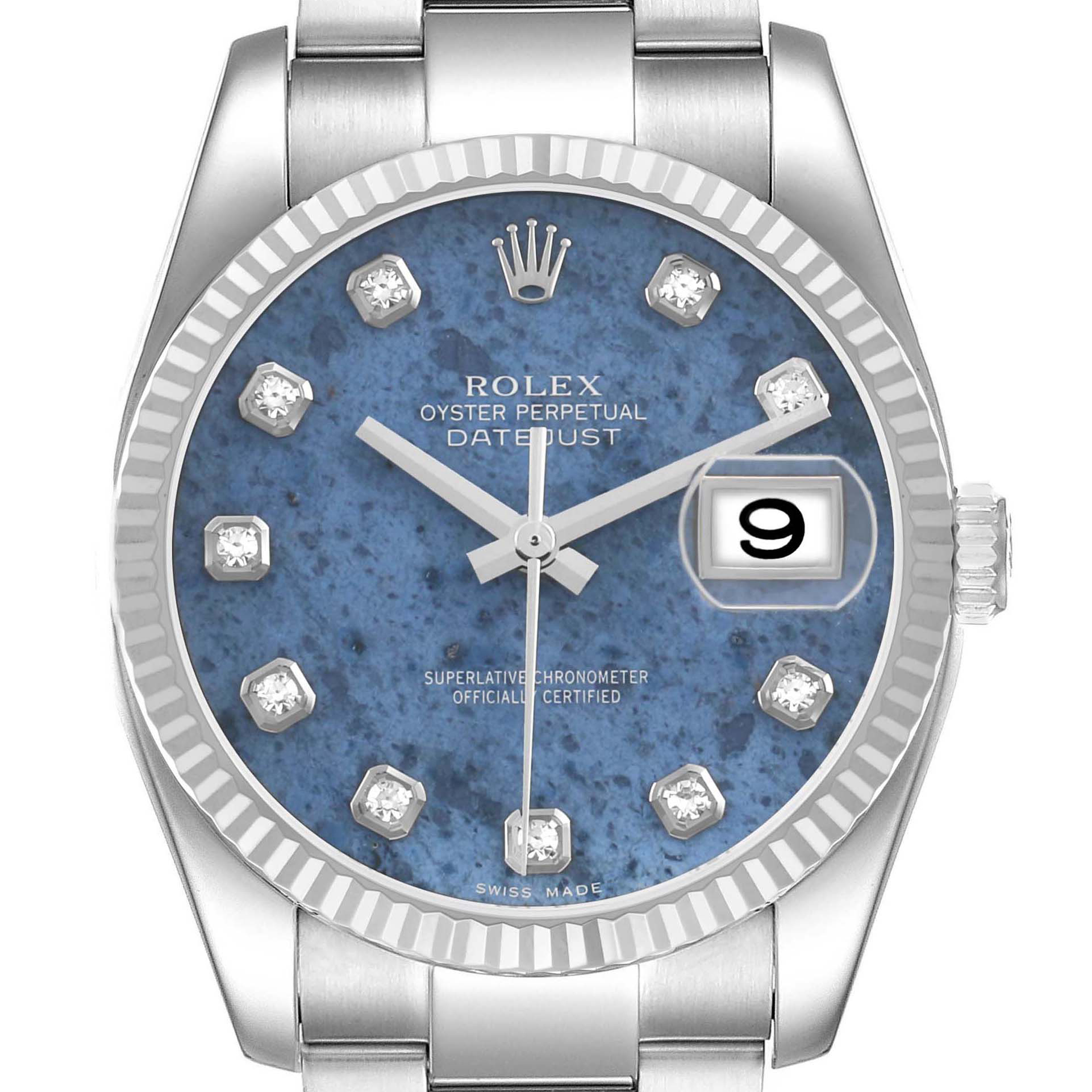 The Rolex Datejust 116234 Men's Stainless Steel Blue Dial watch is shown from the front, displaying the blue dial, diamond hour markers, and date window at 3 o'clock.