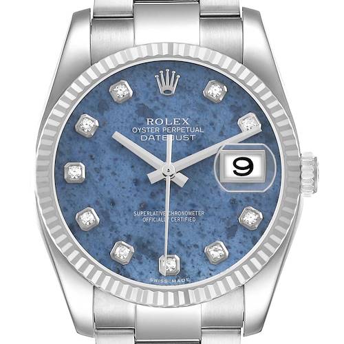 The Rolex Datejust 116234 Men's Stainless Steel Blue Dial watch is shown from a front angle, highlighting its blue dial, diamond hour markers, and date window.