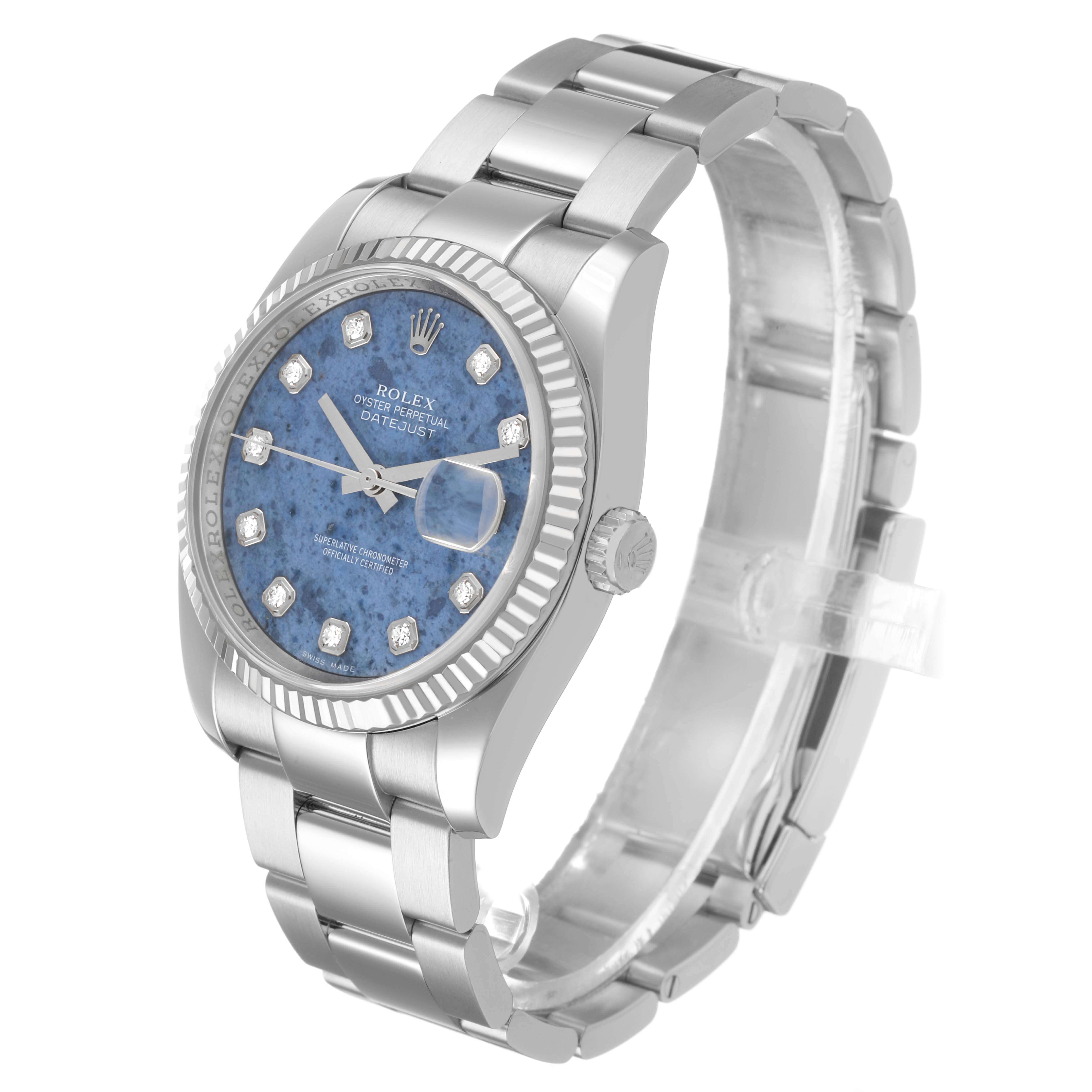 The Rolex Datejust 116234 Men's Stainless Steel Blue Dial watch is shown at a slight angle, highlighting the dial, bezel, bracelet, and crown.