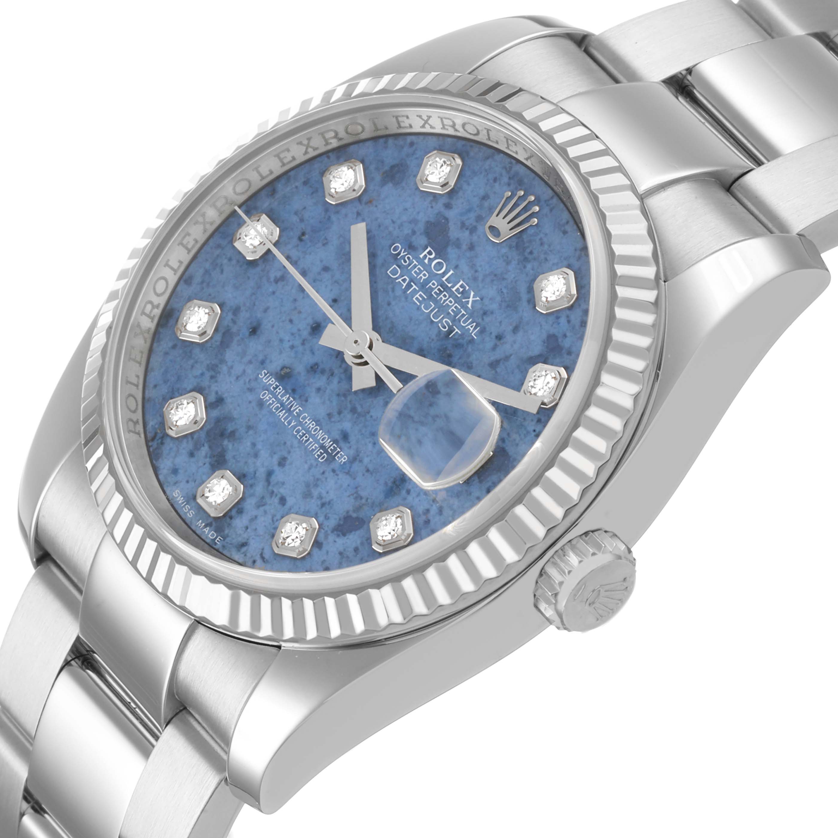 The image shows a Rolex Datejust 116234 Men's Stainless Steel Blue Dial watch at a slight angle, highlighting its blue dial, diamond markers, bezel, and bracelet.