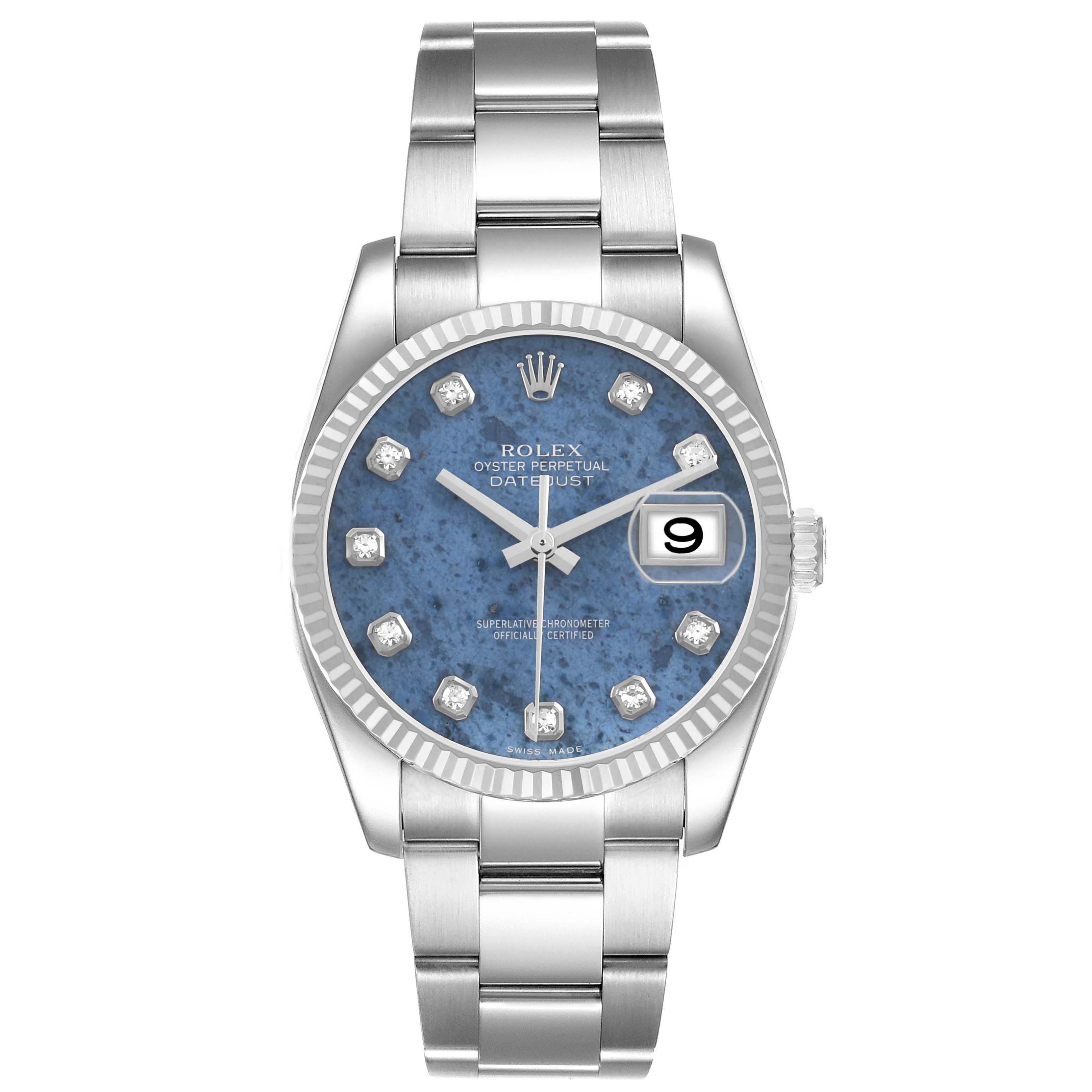 The Rolex Datejust 116234 Men's Stainless Steel Blue Dial watch is shown from the front, displaying the dial, bracelet, bezel, and crown.