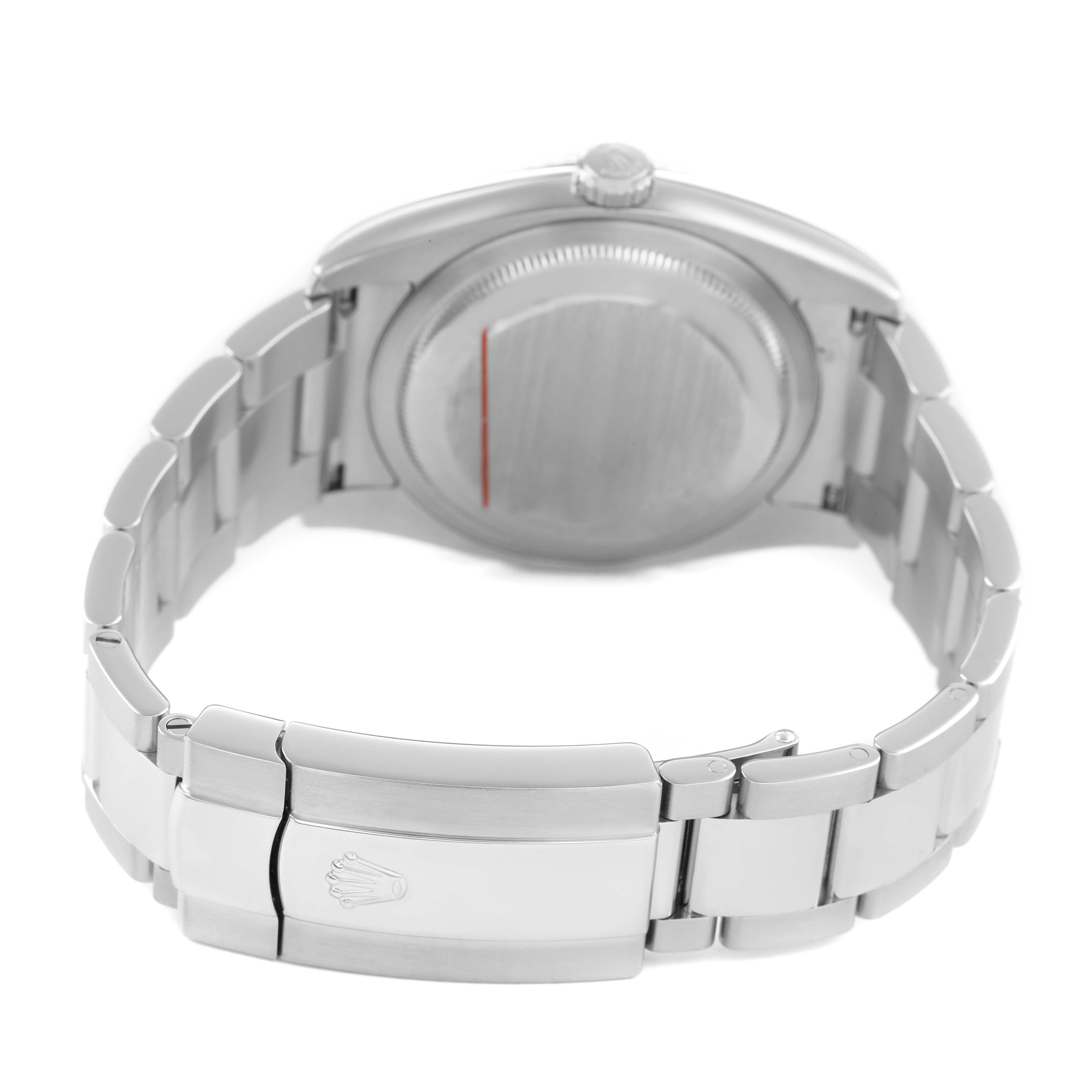The image shows the back case and clasp of a Rolex Datejust 116234 Men's Stainless Steel Blue Dial watch, with focus on the bracelet and closure.