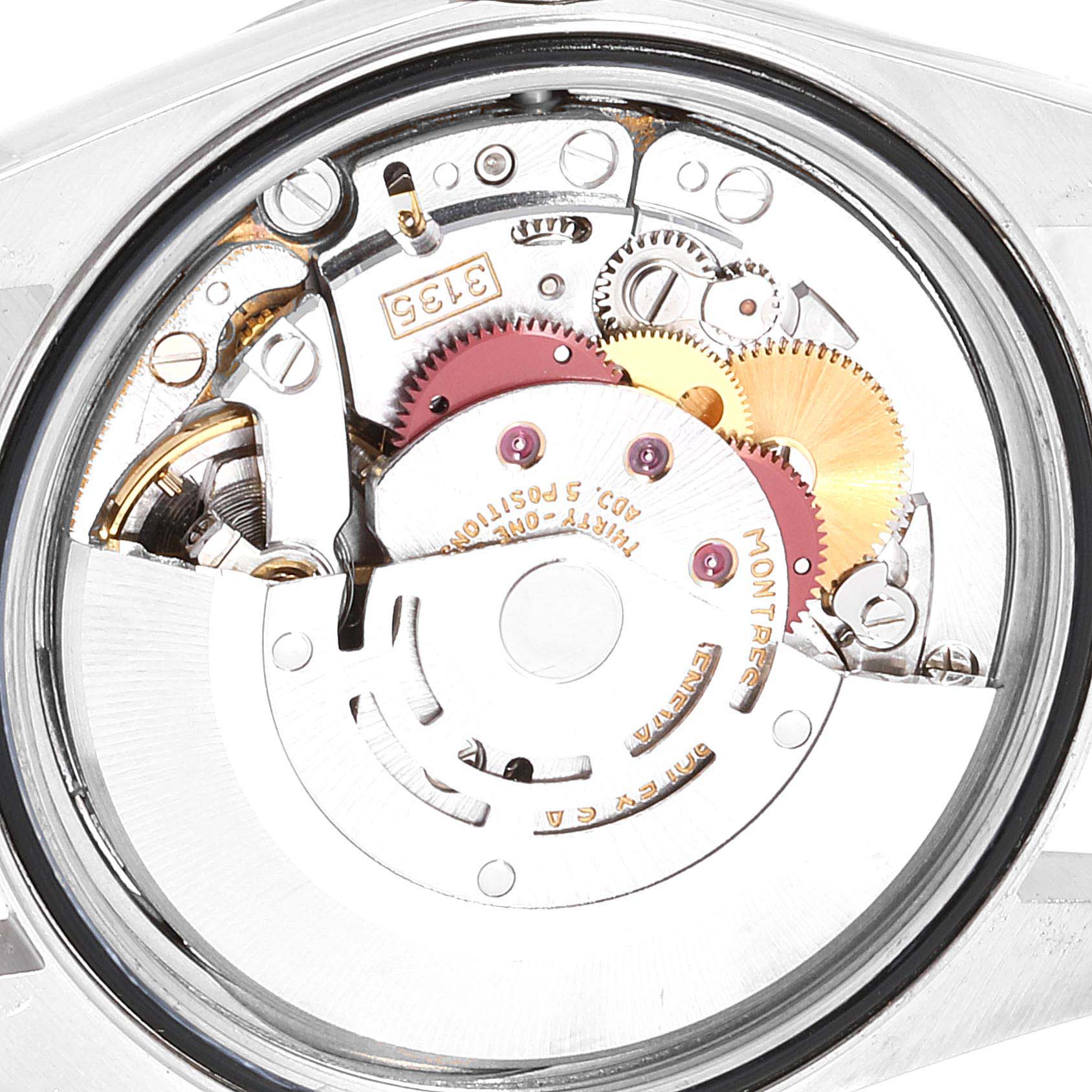 This image shows a close-up view of the Rolex Datejust 16234 Men's Stainless Steel Silver Dial 16234 Men's Stainless Steel Silver Dial watch's internal mechanical movement components.