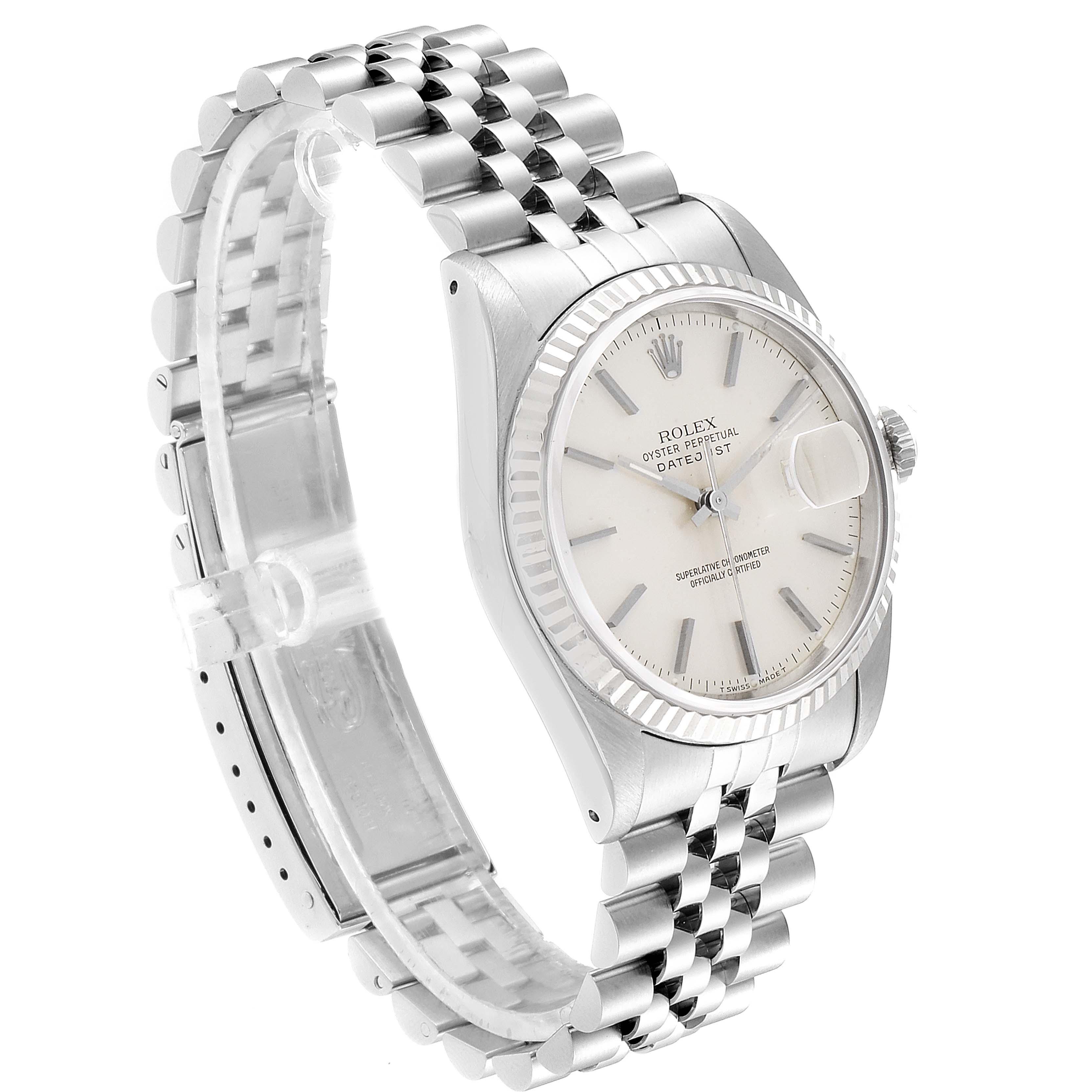This image shows a Rolex Datejust 16234 Men's Stainless Steel Silver Dial 16234 Men's Stainless Steel Silver Dial watch at an angled side view, highlighting its face, bezel, and jubilee bracelet.