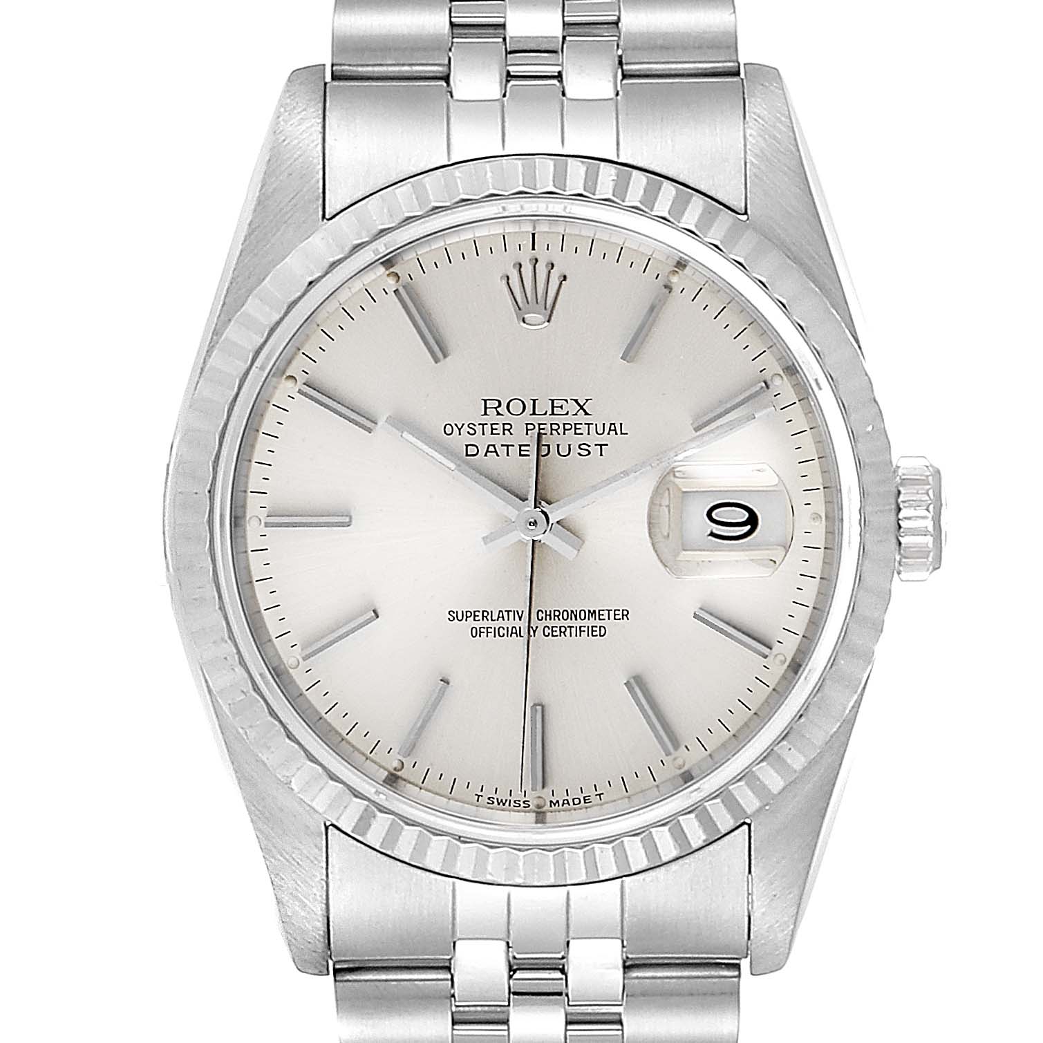 This image shows a front view of a Rolex Datejust 16234 Men's Stainless Steel Silver Dial 16234 Men's Stainless Steel Silver Dial watch, highlighting its dial, bezel, crown, and part of the bracelet.