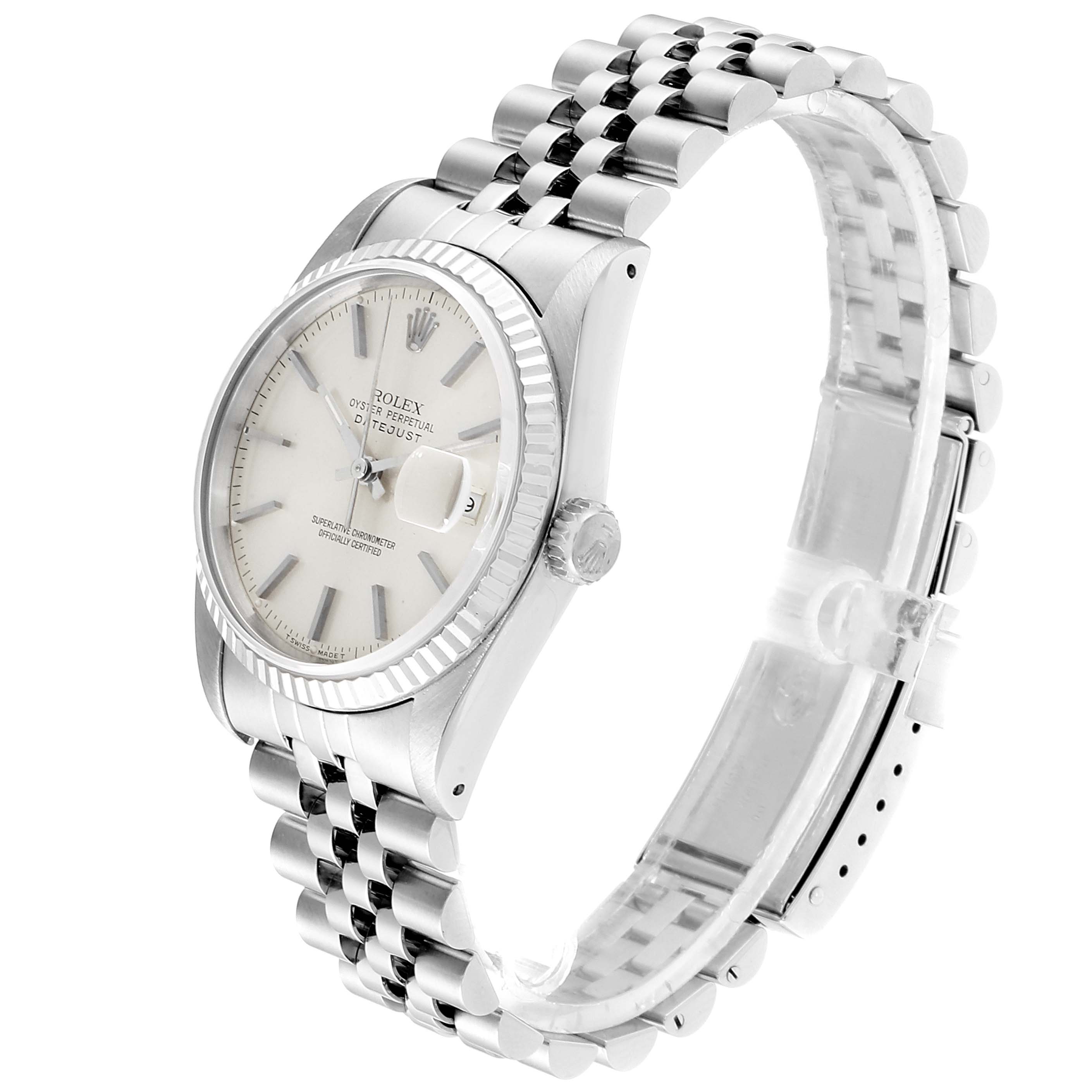 The Rolex Datejust 16234 Men's Stainless Steel Silver Dial 16234 Men's Stainless Steel Silver Dial watch is shown from a three-quarter angle, highlighting its face, bezel, crown, and bracelet.