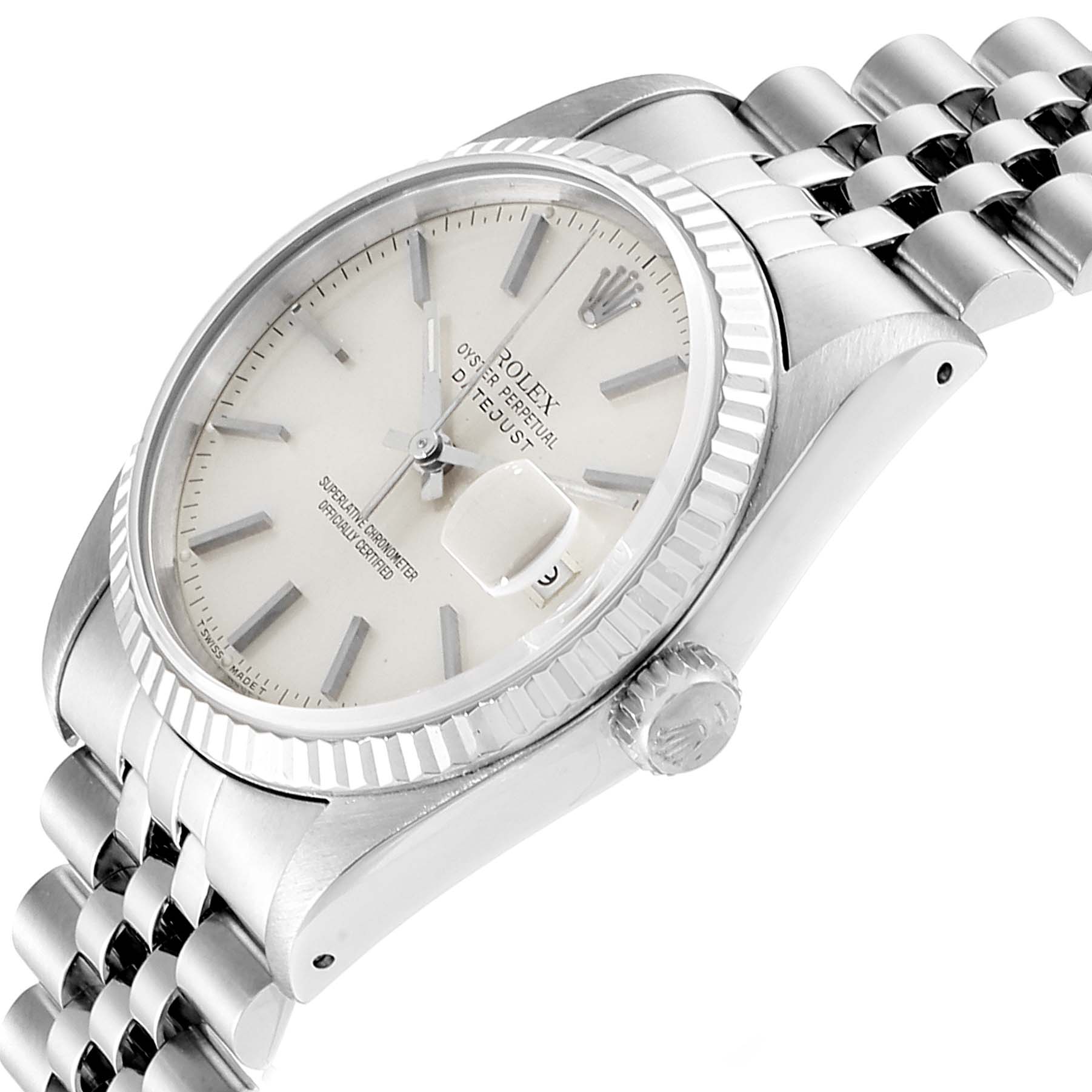 The image shows a side angle of the Rolex Datejust 16234 Men's Stainless Steel Silver Dial 16234 Men's Stainless Steel Silver Dial watch, highlighting its bezel, crown, dial, and part of the bracelet.