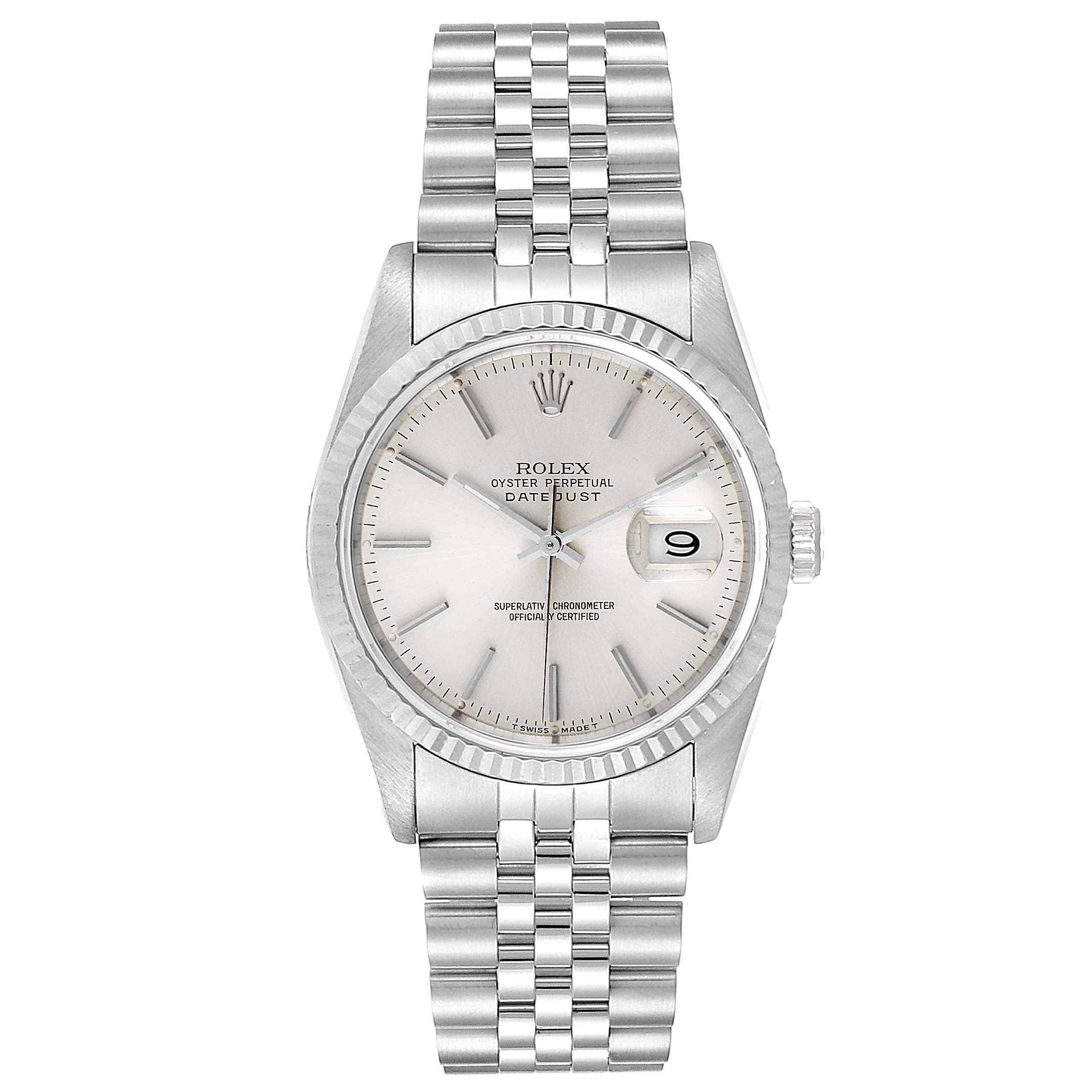 The image shows a front view of a Rolex Datejust 16234 Men's Stainless Steel Silver Dial 16234 Men's Stainless Steel Silver Dial watch, displaying the dial, bezel, crown, and bracelet.