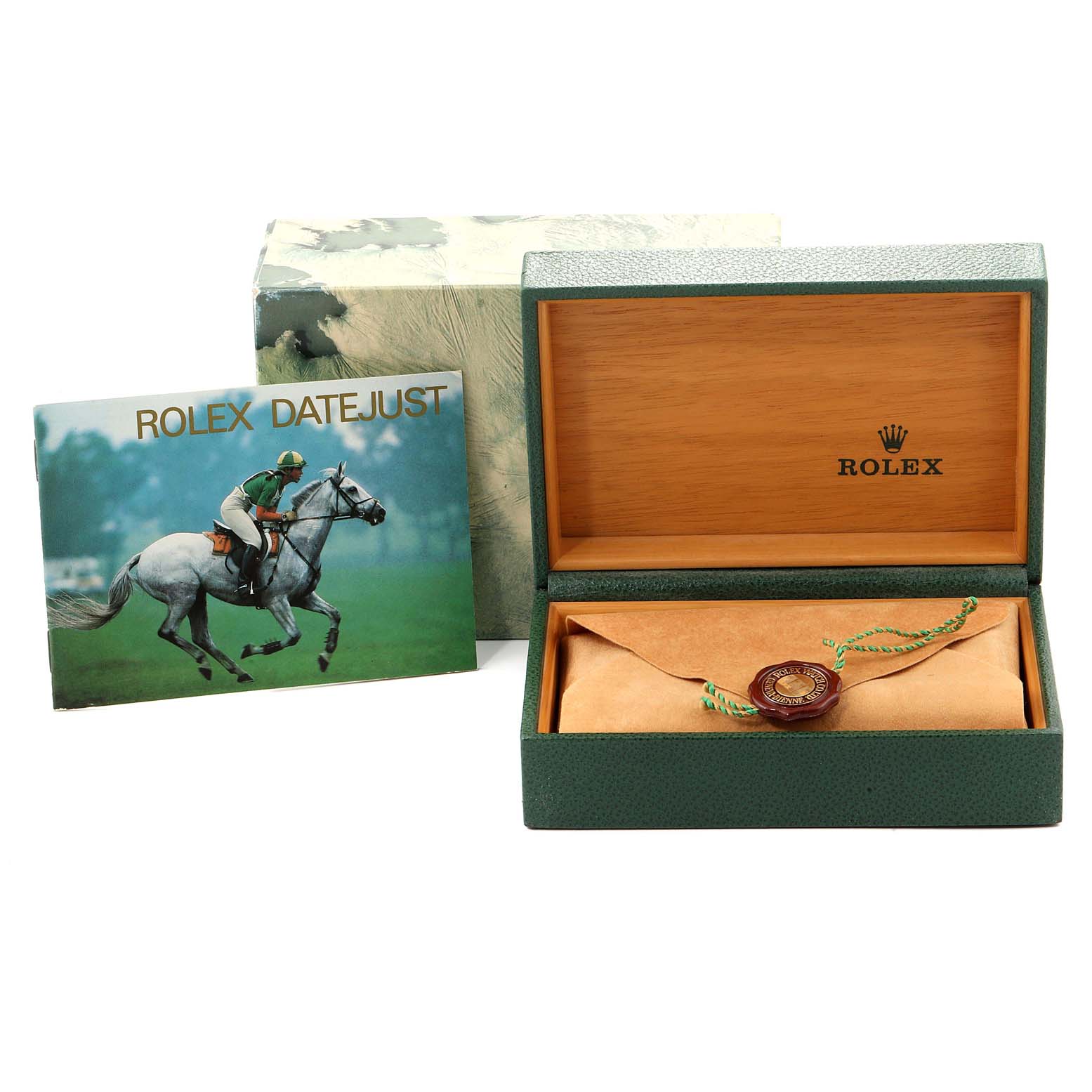 The image shows a Rolex Datejust 16234 Men's Stainless Steel Silver Dial 16234 Men's Stainless Steel Silver Dial watch box, an instruction manual, and a protective pouch.