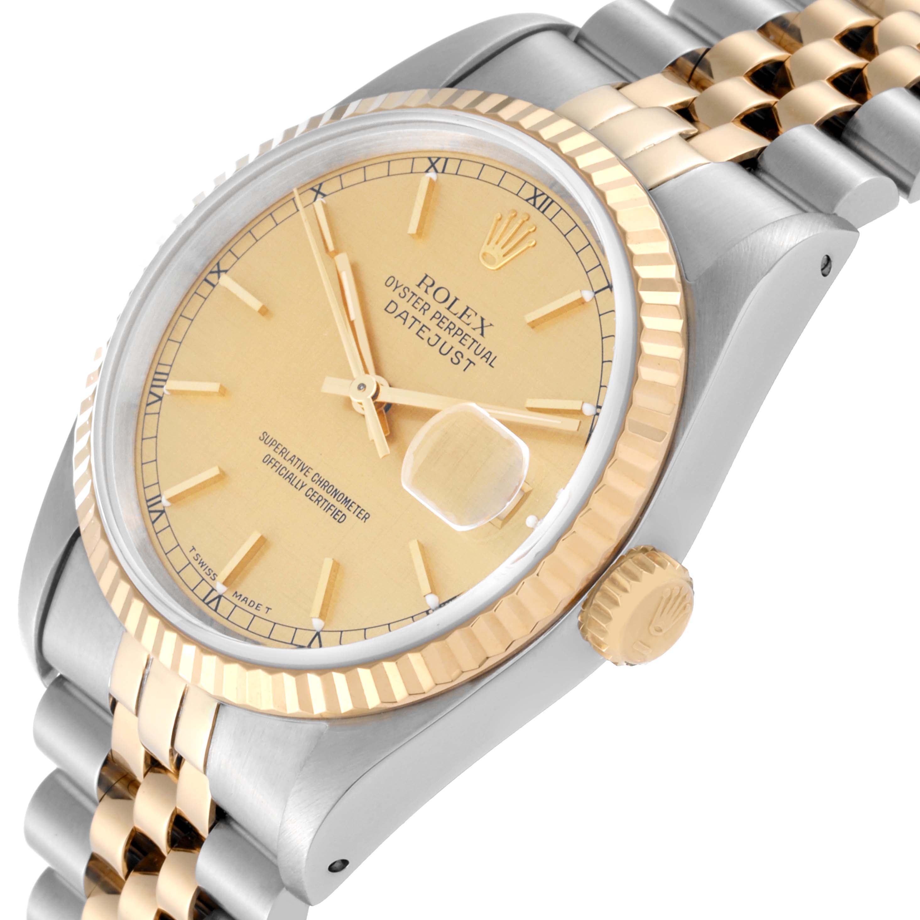 The image shows a Rolex Datejust 16233 Men's Steel and Gold (two tone) Champagne Dial 16233 Men's Steel and Gold (two tone) Champagne Dial watch in a three-quarters angle, highlighting its dial, bezel, crown, and part of the bracelet.