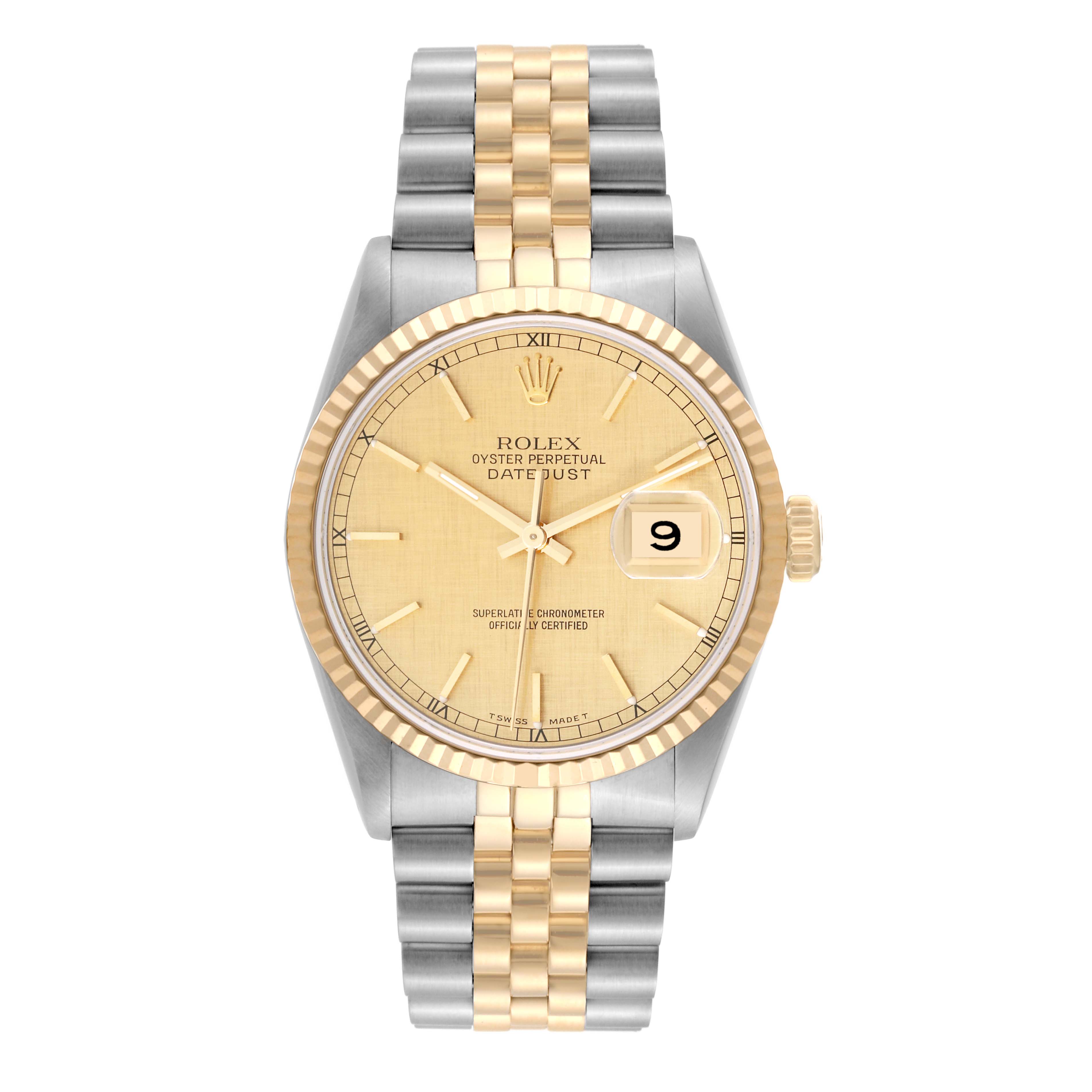 This image shows a Rolex Datejust 16233 Men's Steel and Gold (two tone) Champagne Dial 16233 Men's Steel and Gold (two tone) Champagne Dial watch from a front angle, highlighting its dial, bezel, and two-tone bracelet.