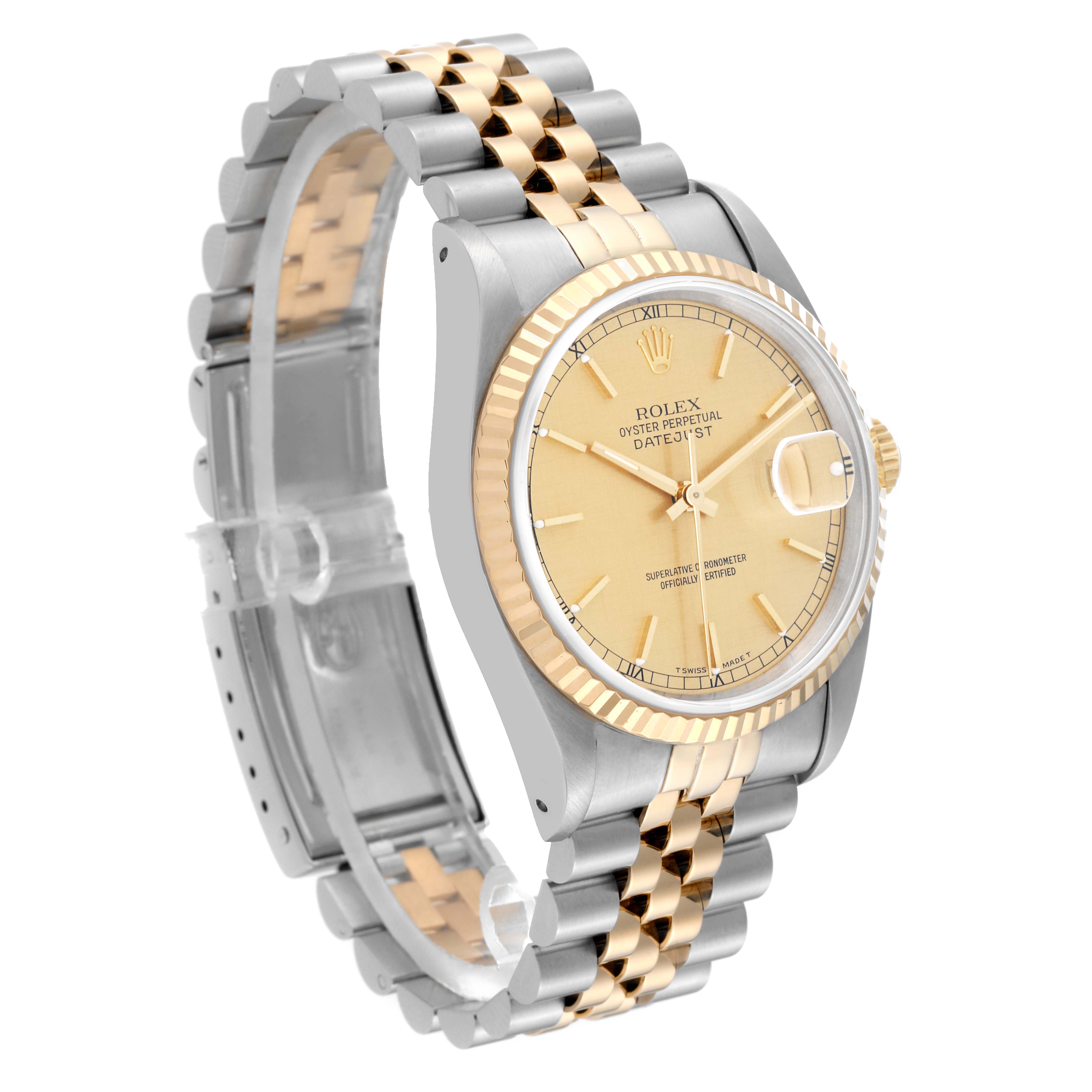The Rolex Datejust 16233 Men's Steel and Gold (two tone) Champagne Dial 16233 Men's Steel and Gold (two tone) Champagne Dial watch is shown from a three-quarter angle, highlighting the dial, bezel, and two-tone bracelet.