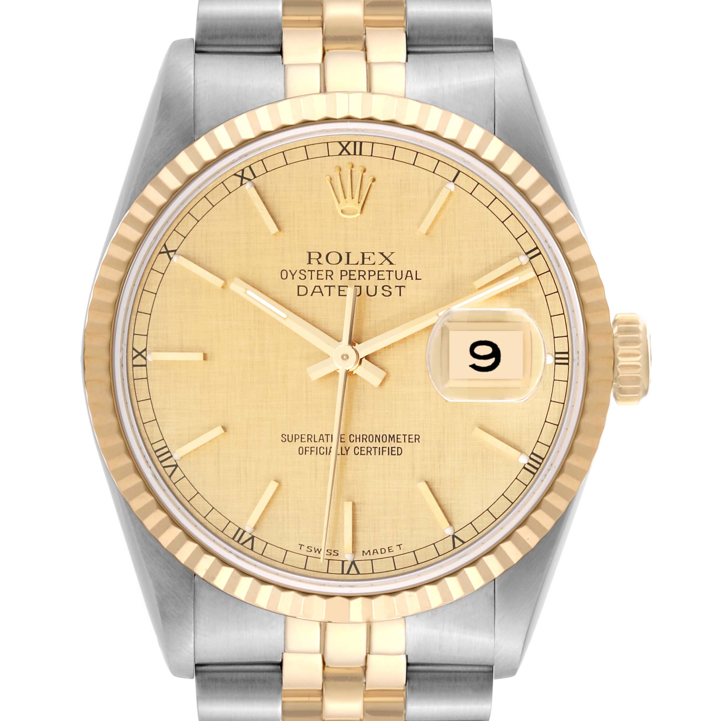 The image shows a front view of a Rolex Datejust 16233 Men's Steel and Gold (two tone) Champagne Dial 16233 Men's Steel and Gold (two tone) Champagne Dial watch, highlighting its dial, bezel, hands, and part of the strap.