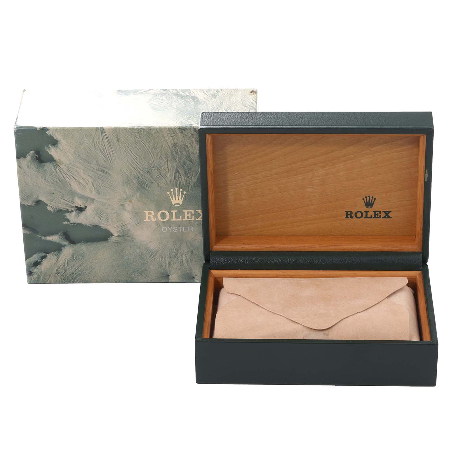 The image shows a Rolex Datejust 16233 Men's Steel and Gold (two tone) Champagne Dial 16233 Men's Steel and Gold (two tone) Champagne Dial watch box and packaging from an angle displaying the open box and protective pouch inside.