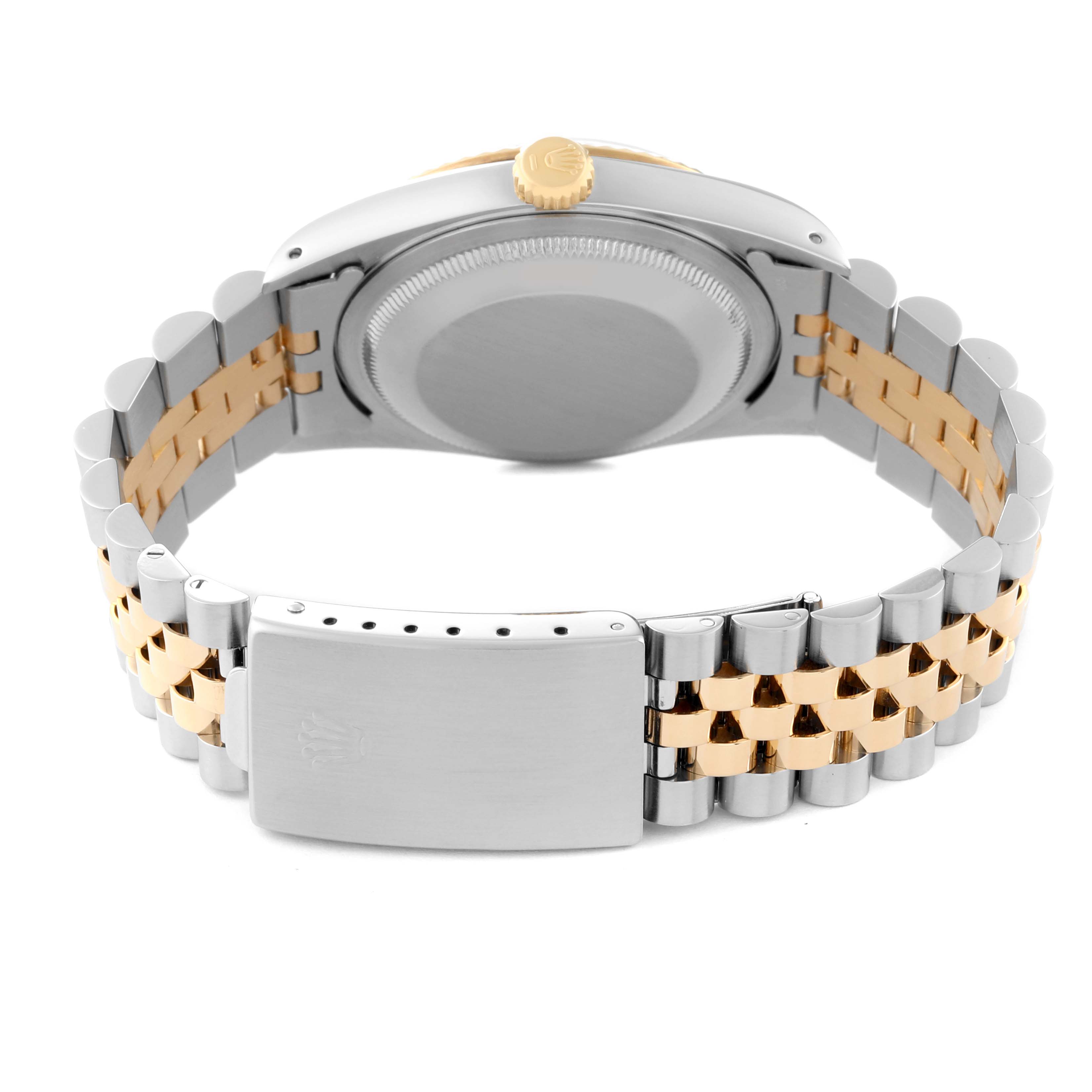 The image shows the back of a Rolex Datejust 16233 Men's Steel and Gold (two tone) Champagne Dial 16233 Men's Steel and Gold (two tone) Champagne Dial watch, highlighting the case back, crown, and two-tone Jubilee bracelet.