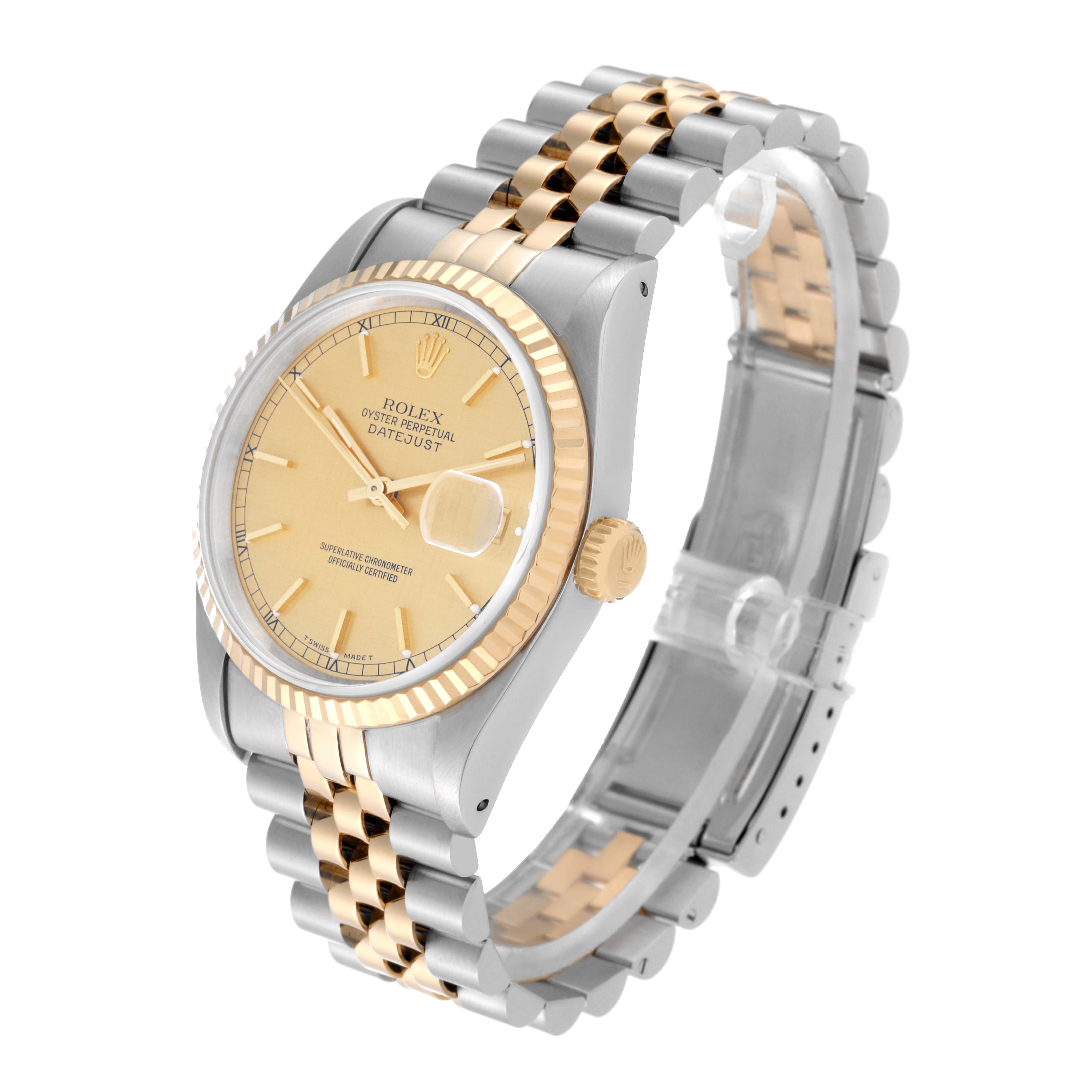 The image displays a Rolex Datejust 16233 Men's Steel and Gold (two tone) Champagne Dial 16233 Men's Steel and Gold (two tone) Champagne Dial watch at a three-quarter angle, showing the face, bezel, crown, and two-tone bracelet.
