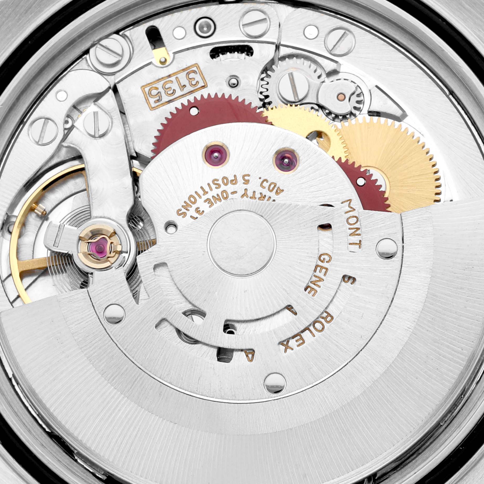 The image shows the internal movement and intricate gears of a Rolex Datejust 16233 Men's Steel and Gold (two tone) Champagne Dial 16233 Men's Steel and Gold (two tone) Champagne Dial model watch.