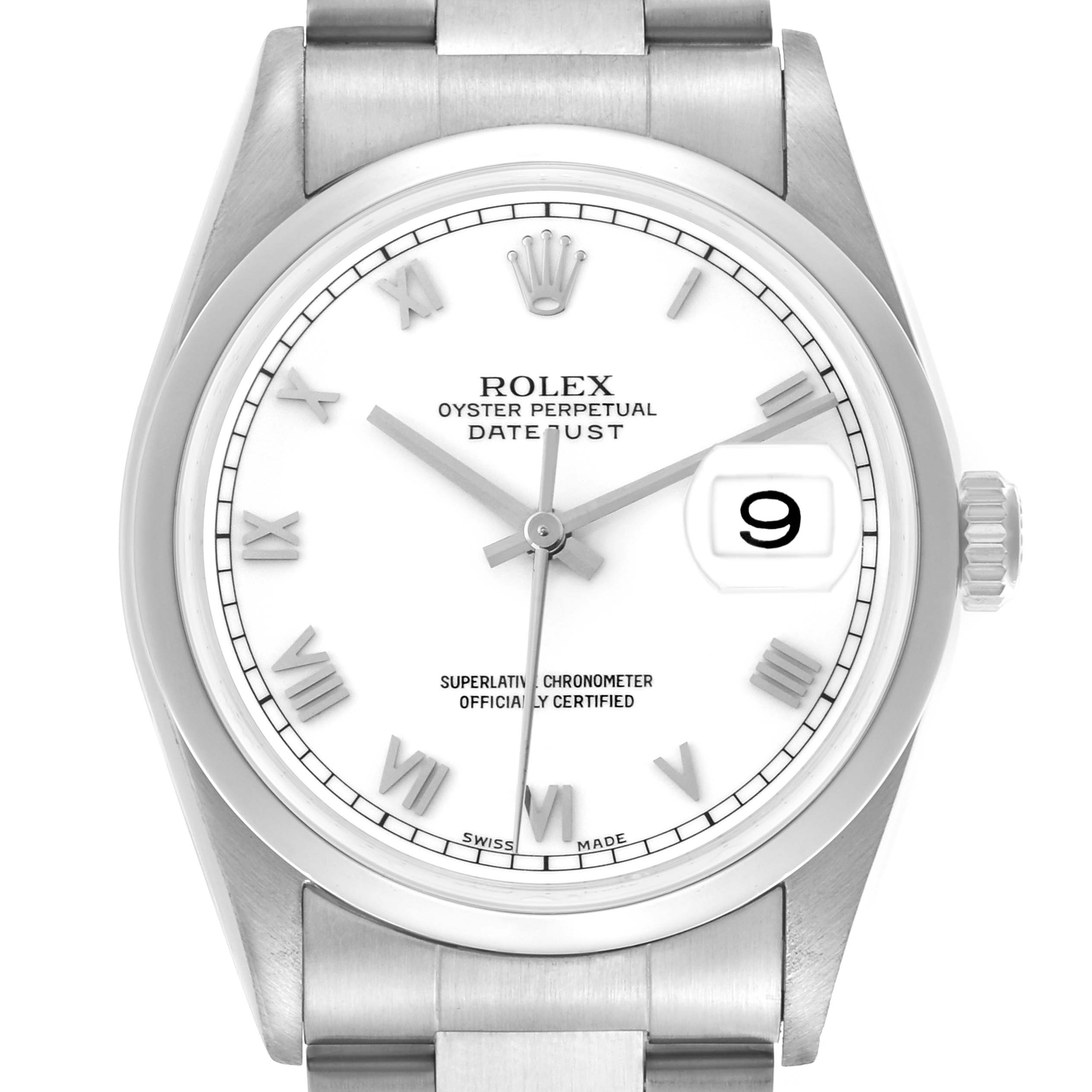 This image shows a front view of a Rolex Datejust 16200 Men's Stainless Steel White Dial 16200 Men's Stainless Steel White Dial, displaying the bezel, dial, hands, date window, and part of the bracelet.