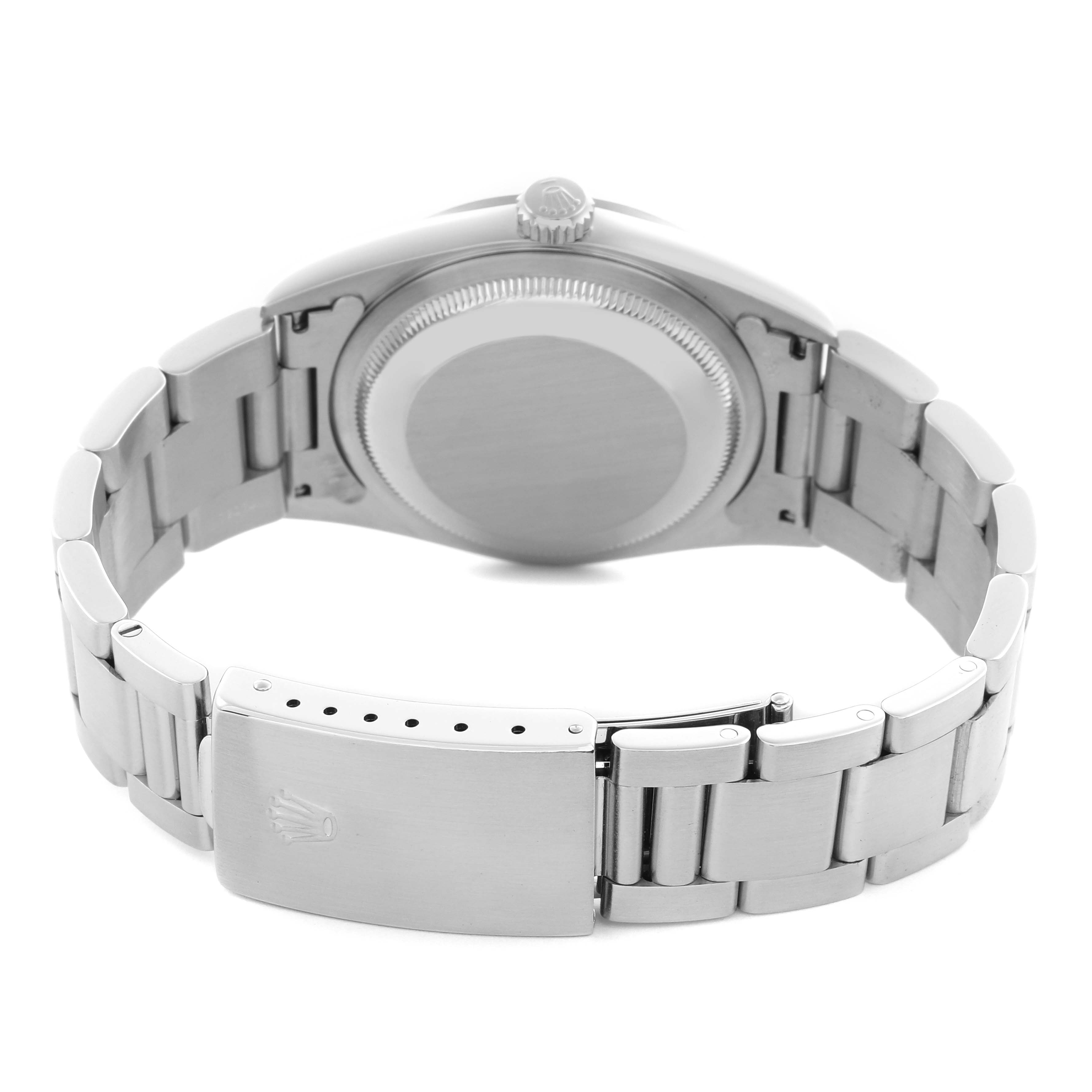 The image shows the back of a Rolex Datejust 16200 Men's Stainless Steel White Dial 16200 Men's Stainless Steel White Dial watch, highlighting the case back, crown, and metal bracelet with the clasp.