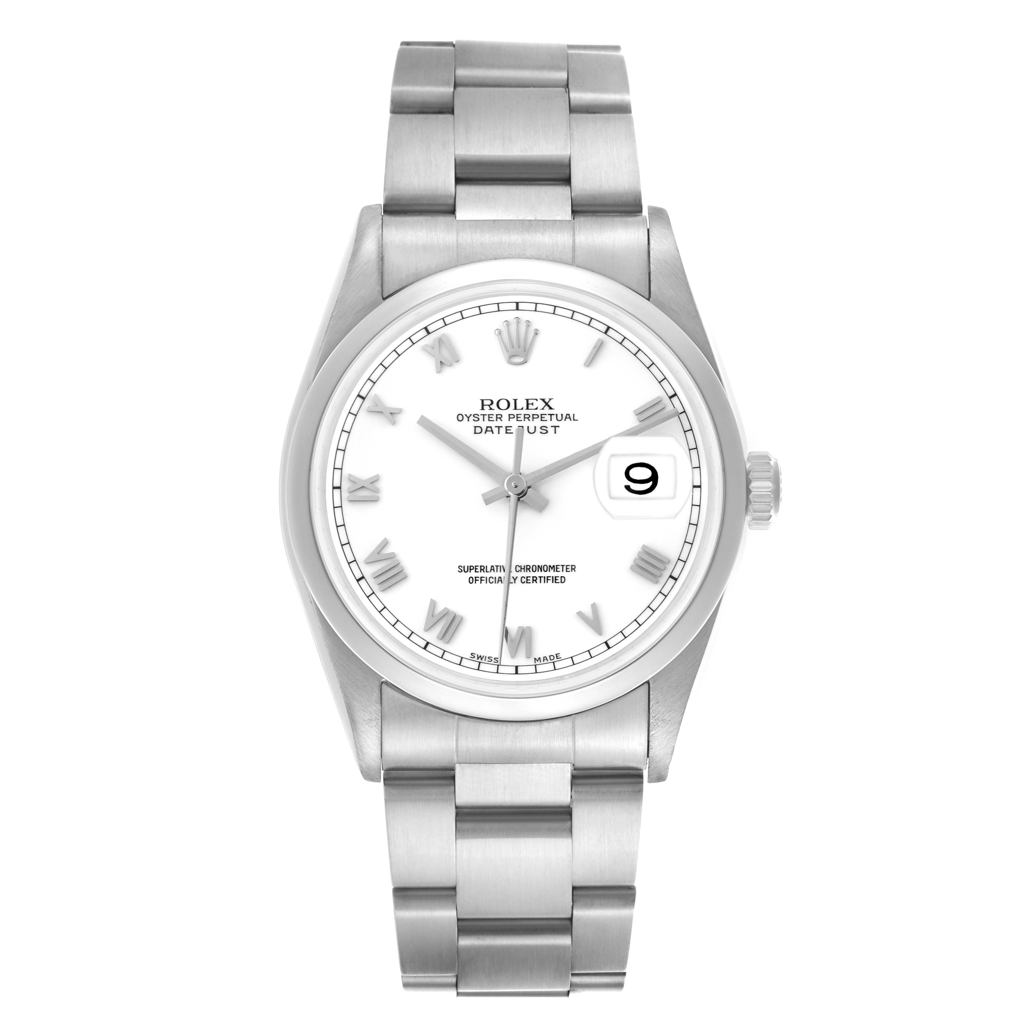 The Rolex Datejust 16200 Men's Stainless Steel White Dial 16200 Men's Stainless Steel White Dial watch is shown from a front angle, displaying the dial, bracelet, and crown.