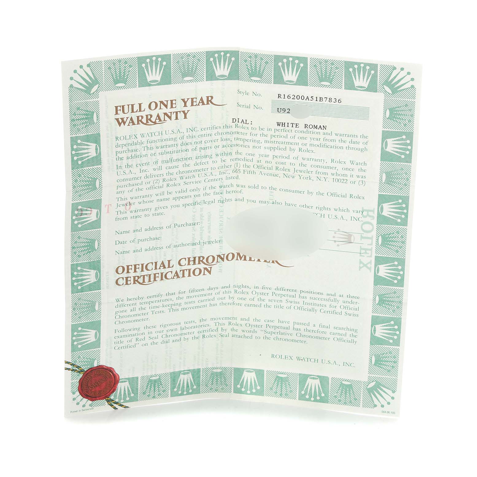 The image shows a one-year warranty card for the Rolex Datejust 16200 Men's Stainless Steel White Dial 16200 Men's Stainless Steel White Dial, with official chronometer certification details.