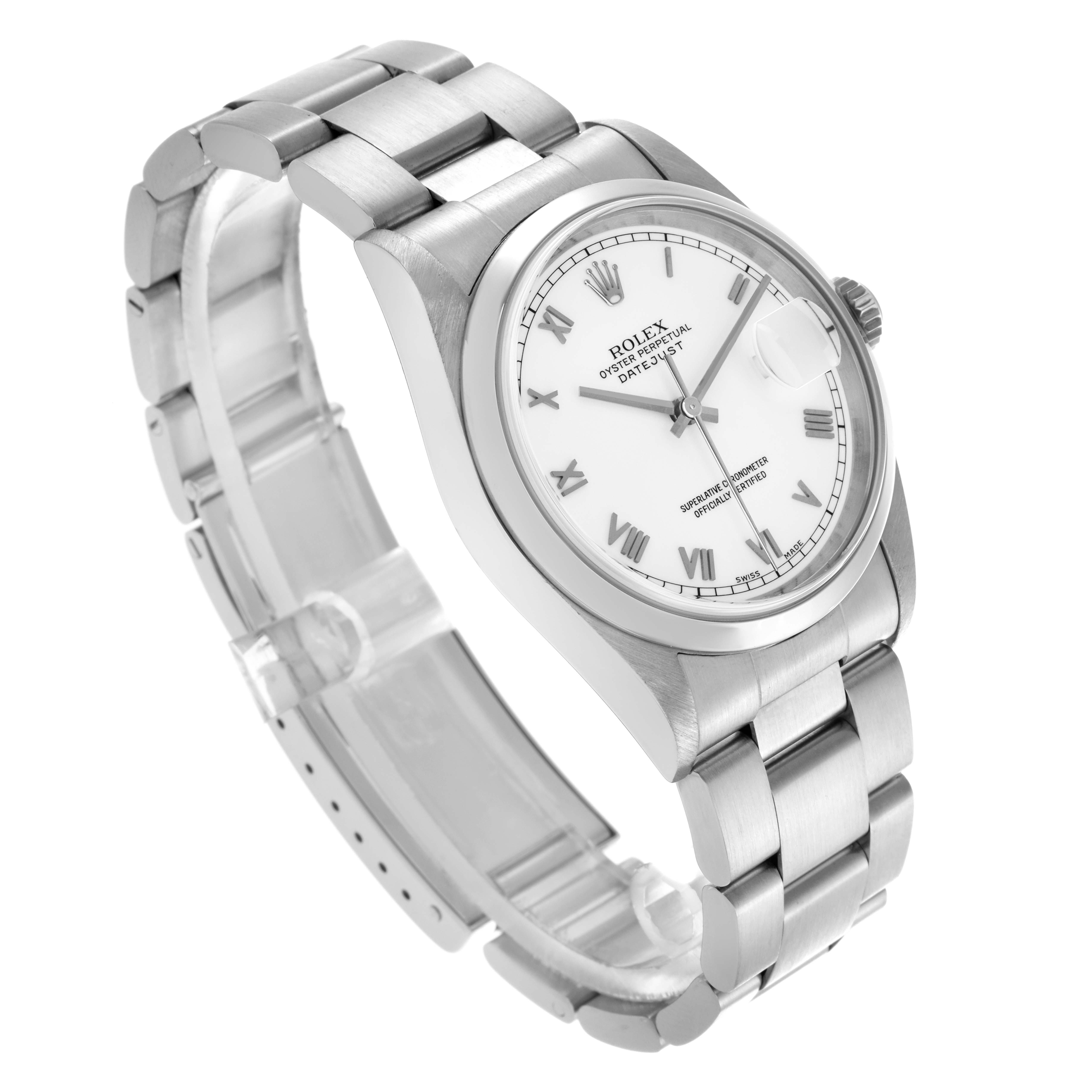 The Rolex Datejust 16200 Men's Stainless Steel White Dial 16200 Men's Stainless Steel White Dial watch is shown at a three-quarter angle, displaying the face, bezel, crown, and bracelet.
