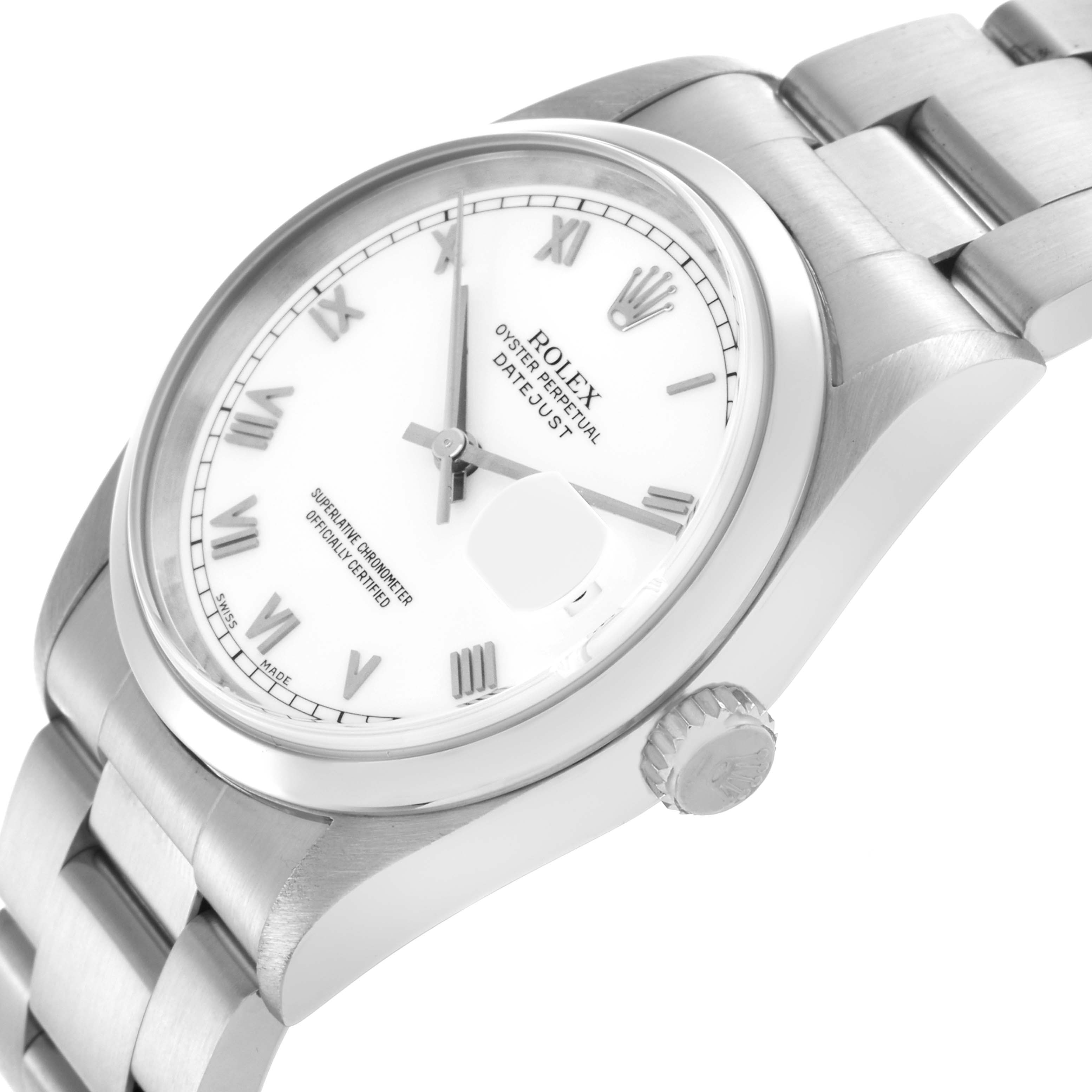 The Rolex Datejust 16200 Men's Stainless Steel White Dial 16200 Men's Stainless Steel White Dial watch is shown at a slight angle, highlighting the dial, case, crown, and part of the bracelet.