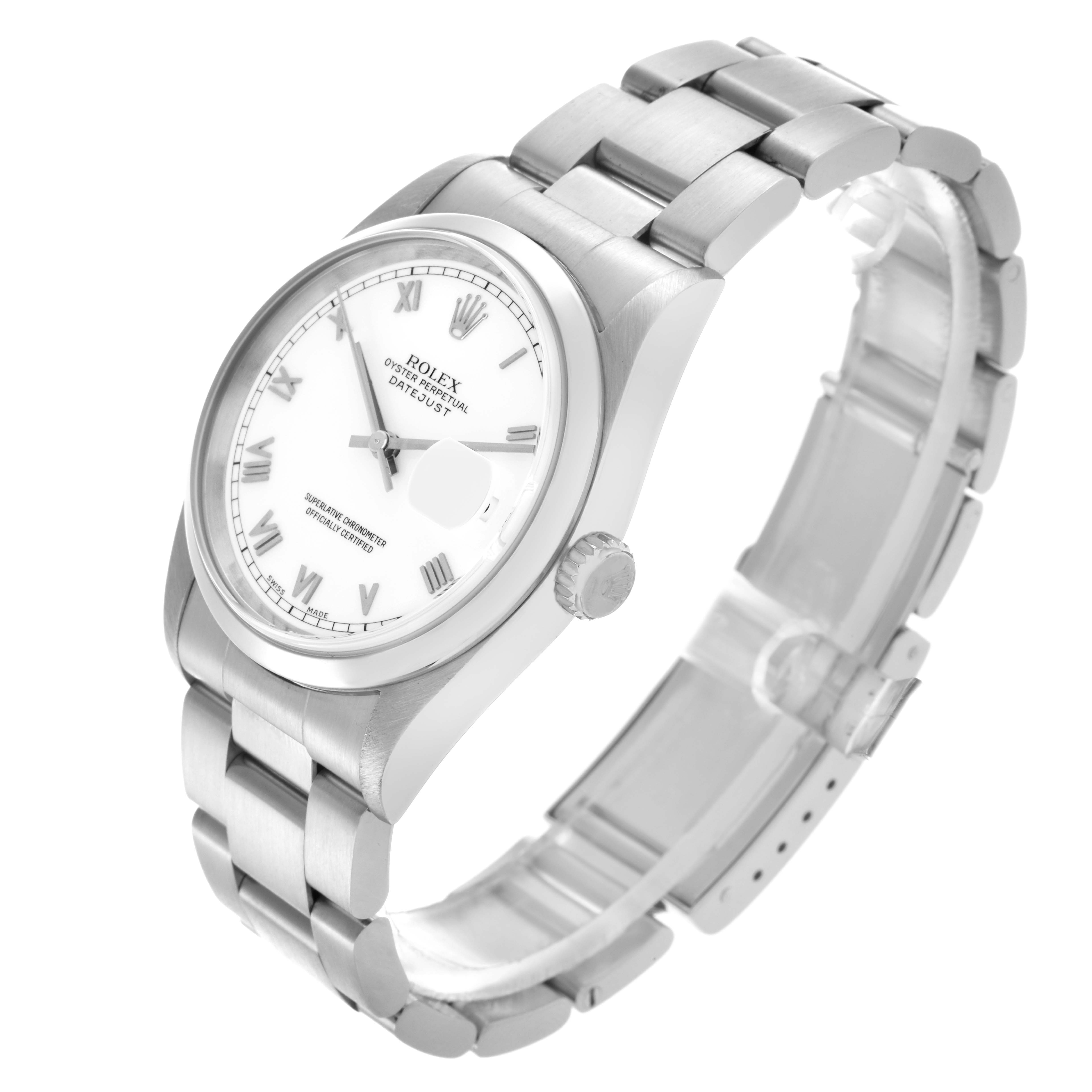 The image shows a Rolex Datejust 16200 Men's Stainless Steel White Dial 16200 Men's Stainless Steel White Dial watch at a three-quarter angle, highlighting the face, bezel, and part of the bracelet.