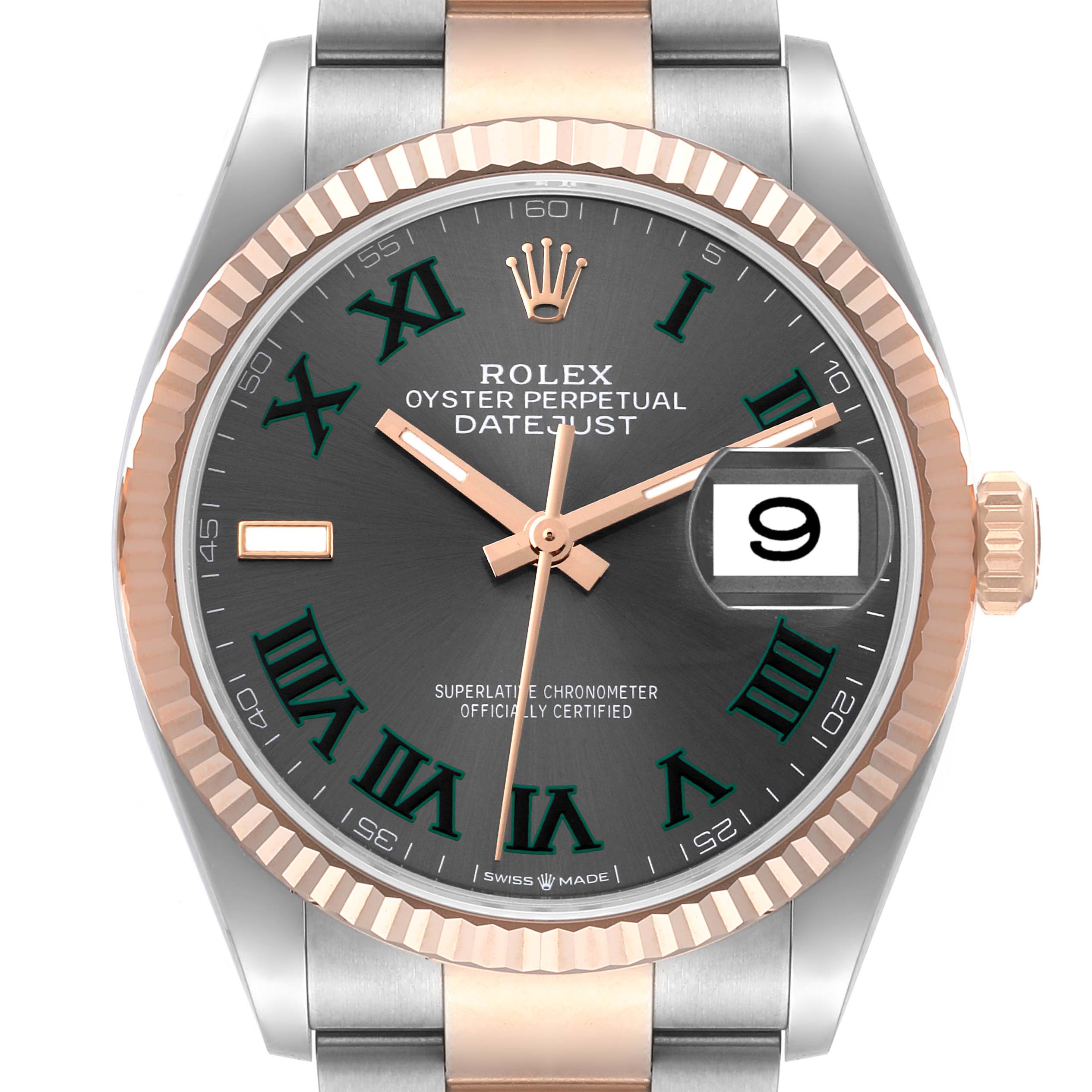 The image displays a close-up of the Rolex Datejust 126231 Men's Steel and Gold (two tone) Grey Dial 126231 Men's Steel and Gold (two tone) Grey Dial watch face, showcasing the dial, hands, date window, and part of the bracelet.