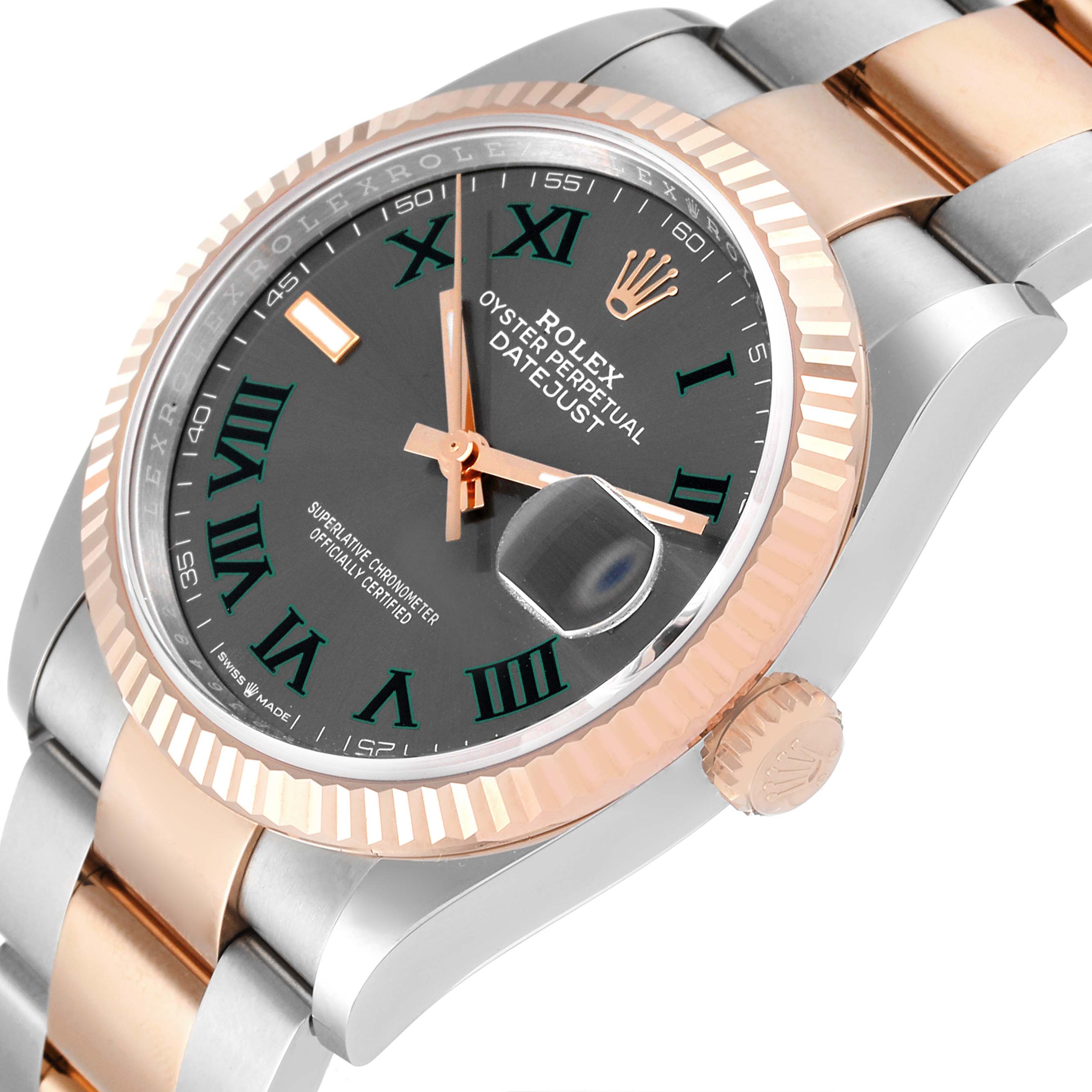 This Rolex Datejust 126231 Men's Steel and Gold (two tone) Grey Dial 126231 Men's Steel and Gold (two tone) Grey Dial watch is shown at an angled view, highlighting its face, bezel, crown, and bracelet.