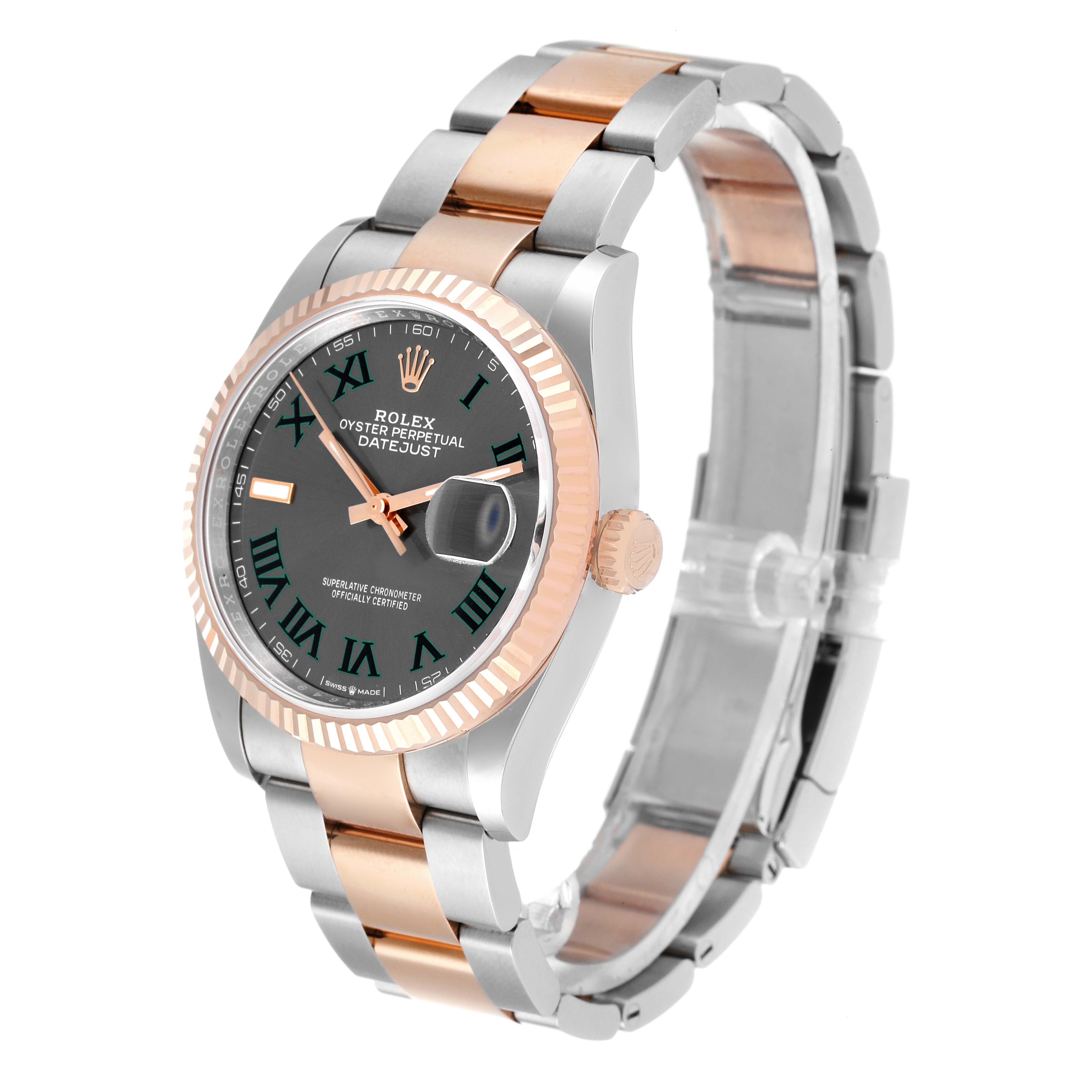 The image shows a side angle of a Rolex Datejust 126231 Men's Steel and Gold (two tone) Grey Dial 126231 Men's Steel and Gold (two tone) Grey Dial watch, highlighting its face, bezel, and bracelet.