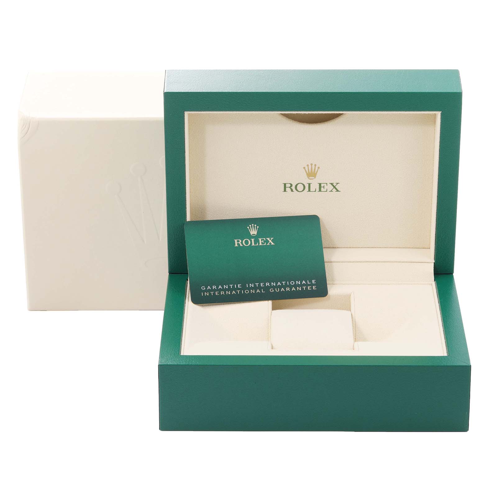 The image shows the open box and guarantee card for a Rolex Datejust 126231 Men's Steel and Gold (two tone) Grey Dial 126231 Men's Steel and Gold (two tone) Grey Dial watch.