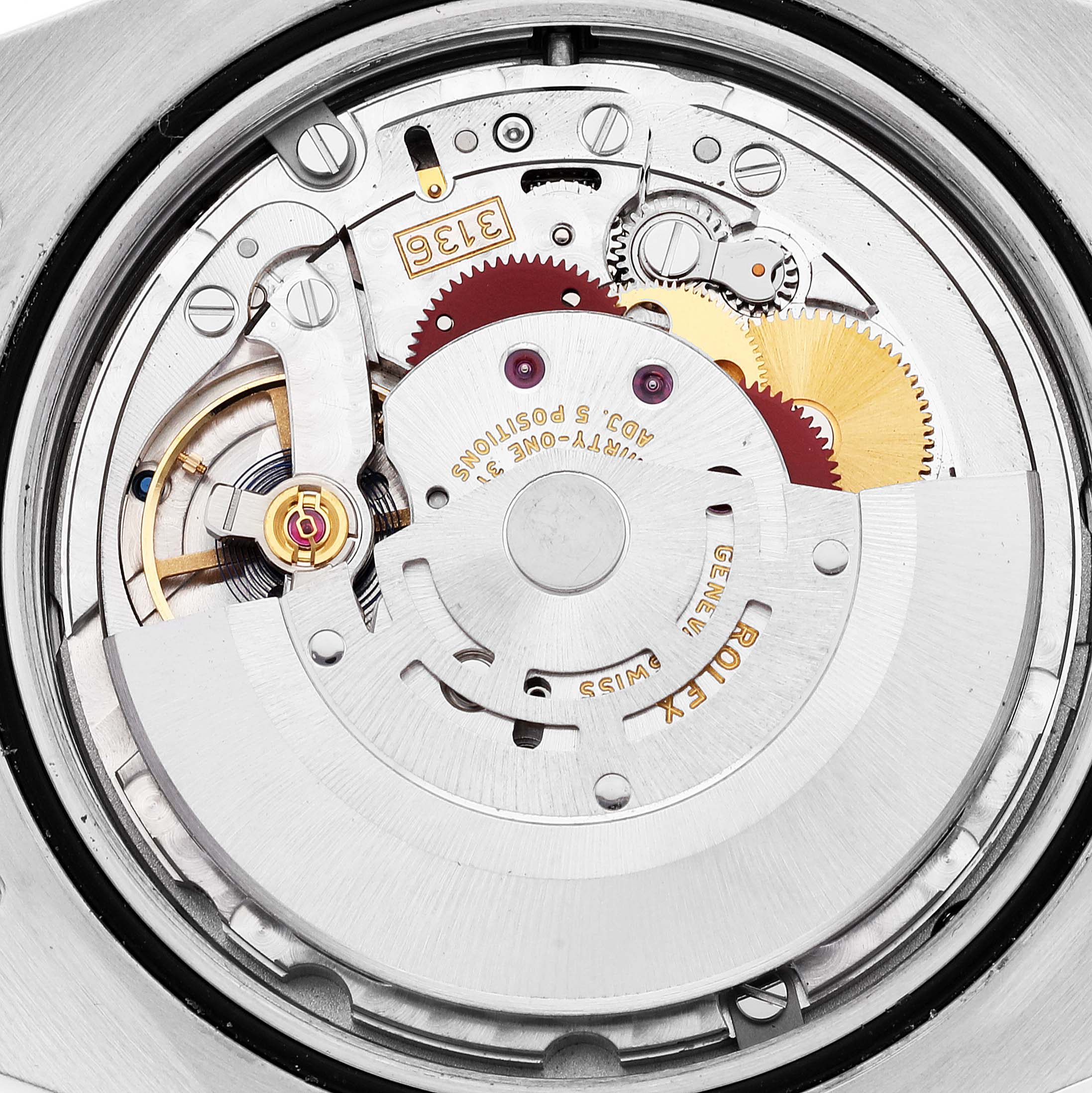 The image shows the movement mechanism of a Rolex Datejust 116300 Men's Stainless Steel White Dial watch from a top-down angle.