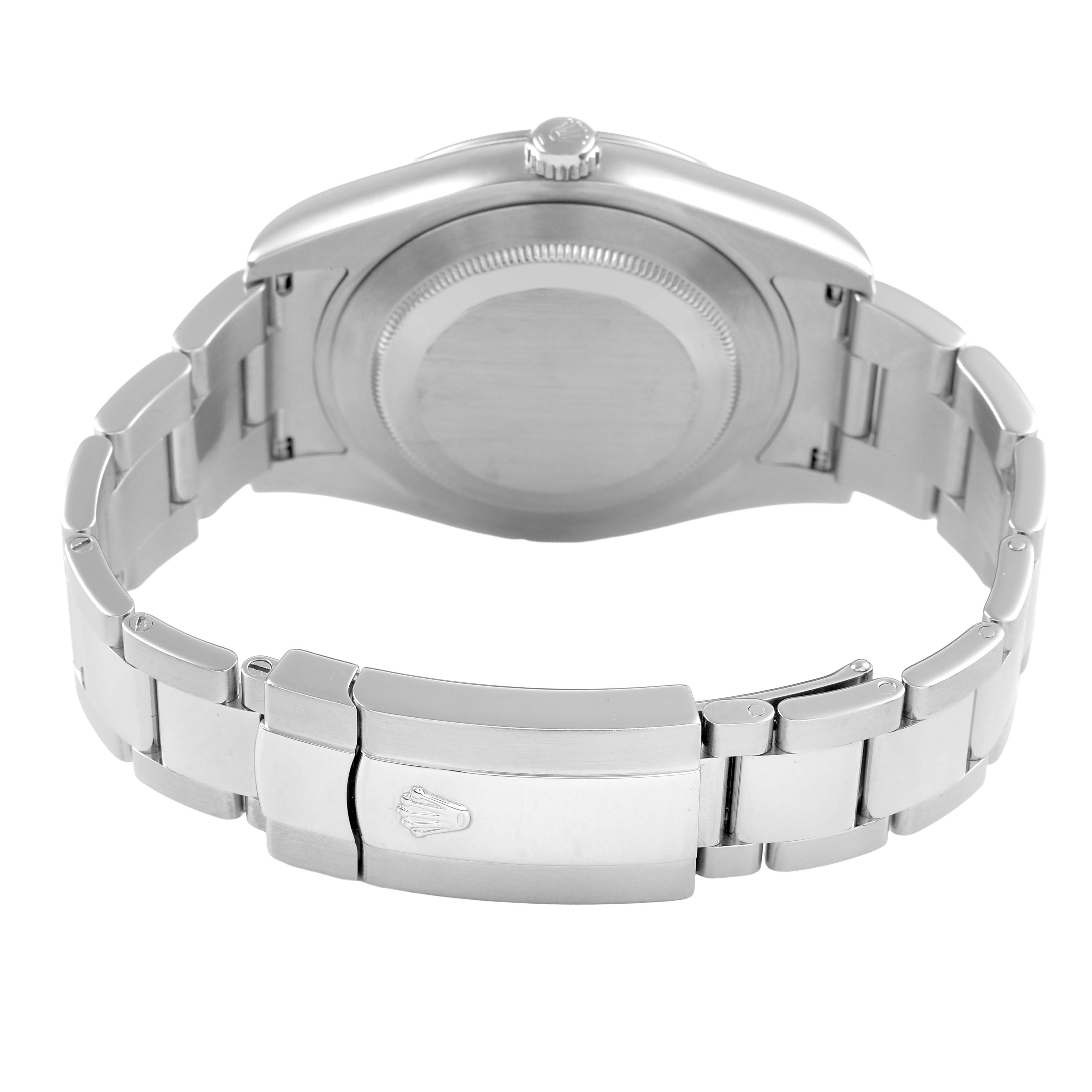 The image shows the back case and bracelet clasp of a Rolex Datejust 116300 Men's Stainless Steel White Dial watch from a rear angle.