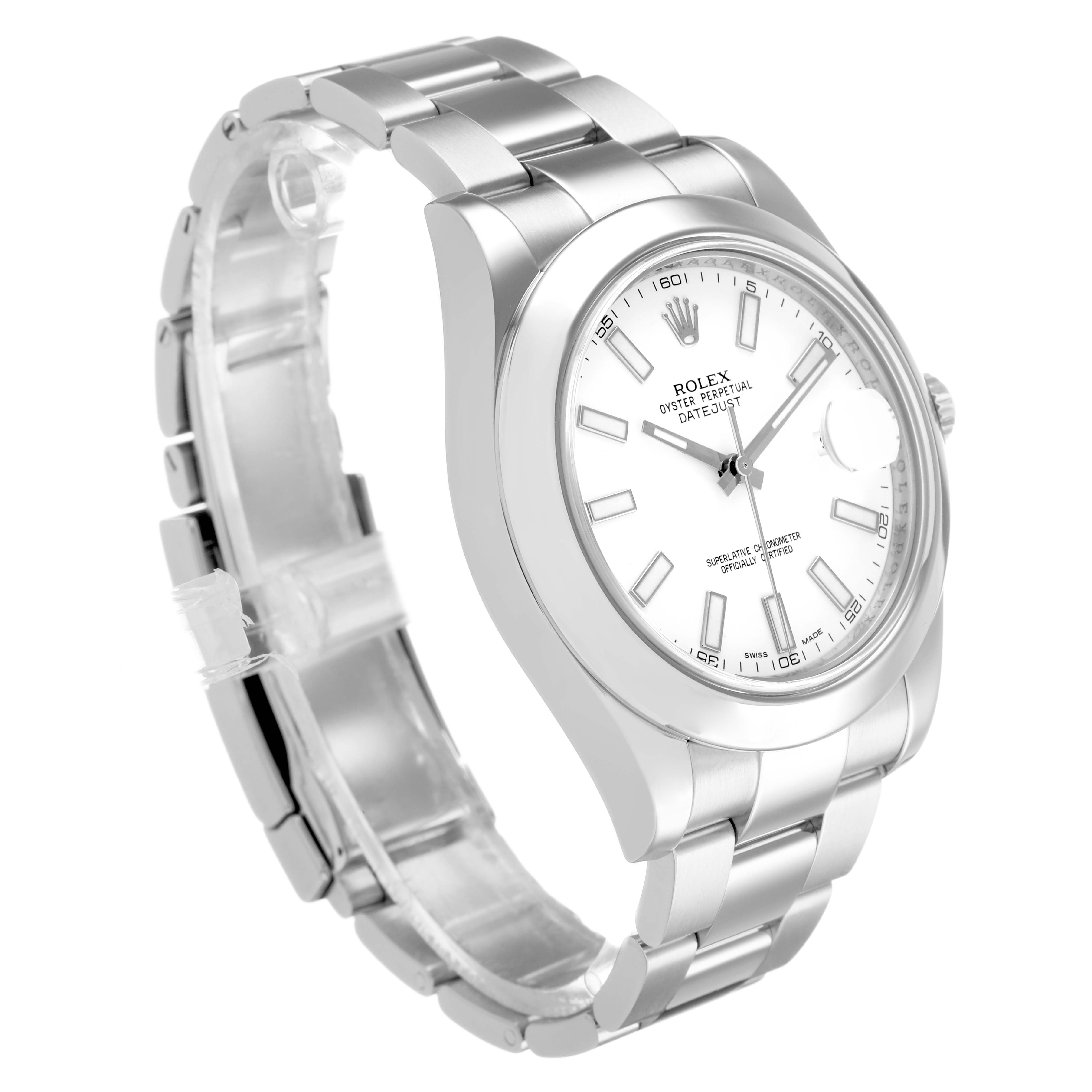 The Rolex Datejust 116300 Men's Stainless Steel White Dial watch is shown at a three-quarter angle, highlighting the bracelet, case, and white dial.