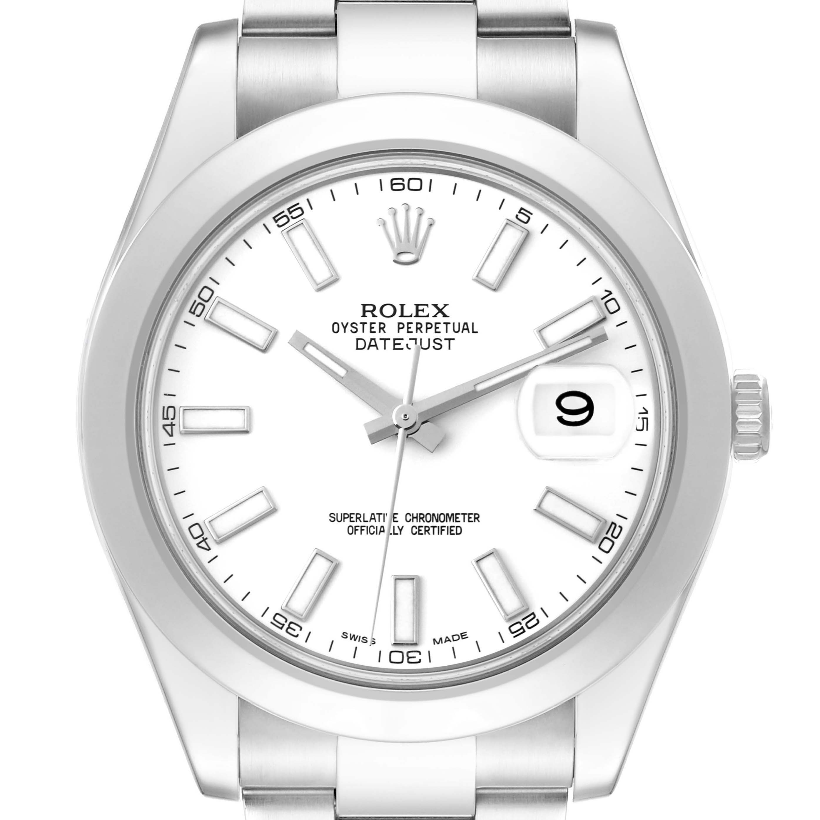 The image shows a front view of the Rolex Datejust 116300 Men's Stainless Steel White Dial watch, displaying the dial, bezel, and part of the bracelet.