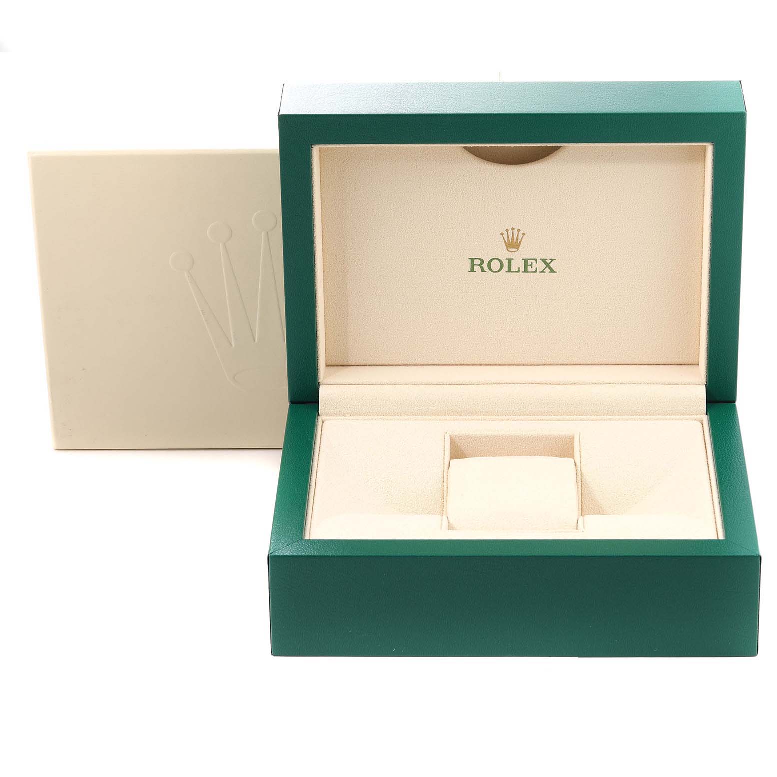 The image shows an open green and beige box for a Rolex Datejust 116300 Men's Stainless Steel White Dial, displaying the brand logo inside the lid.