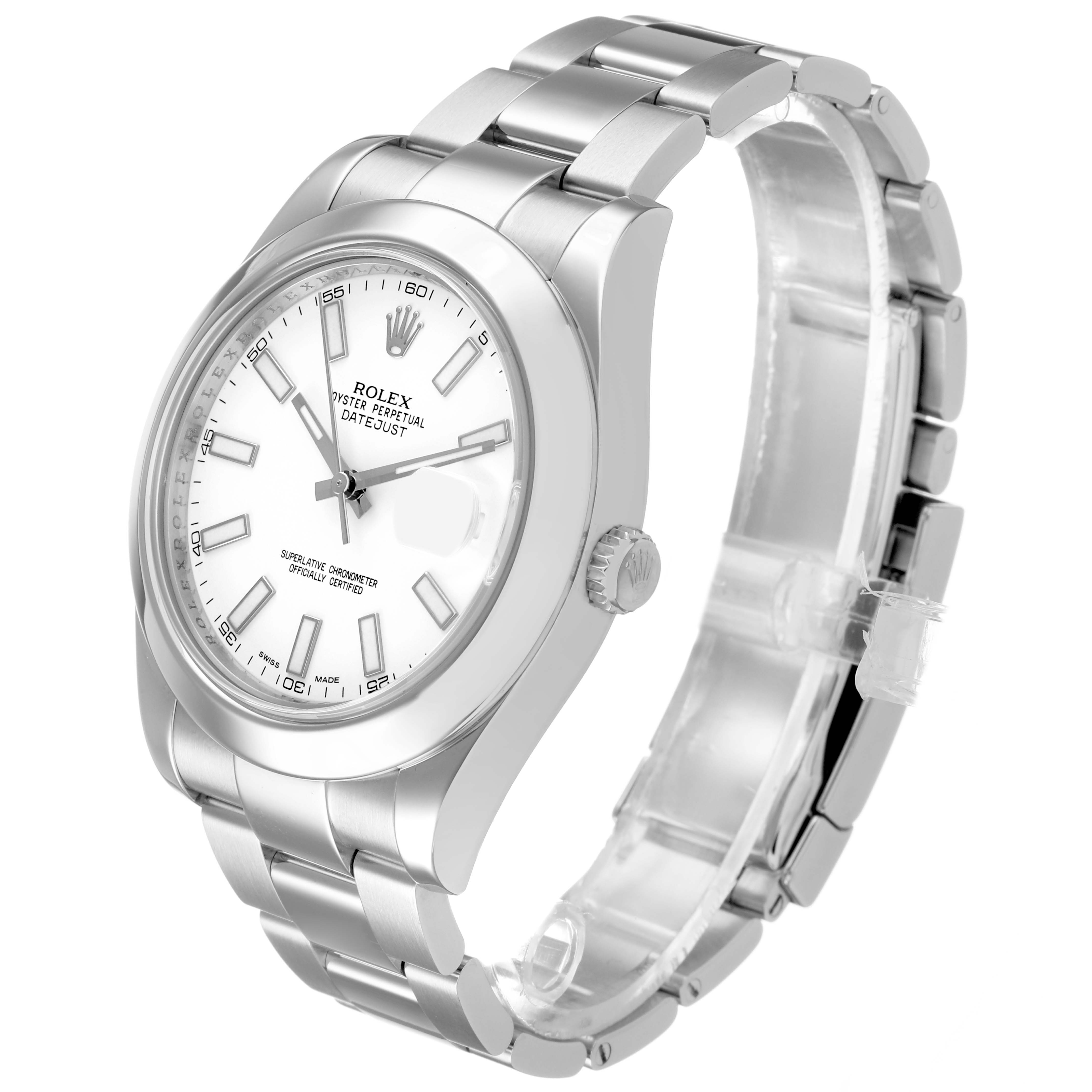 The Rolex Datejust 116300 Men's Stainless Steel White Dial watch is shown at a three-quarter angle, displaying the face, bezel, bracelet, and crown.