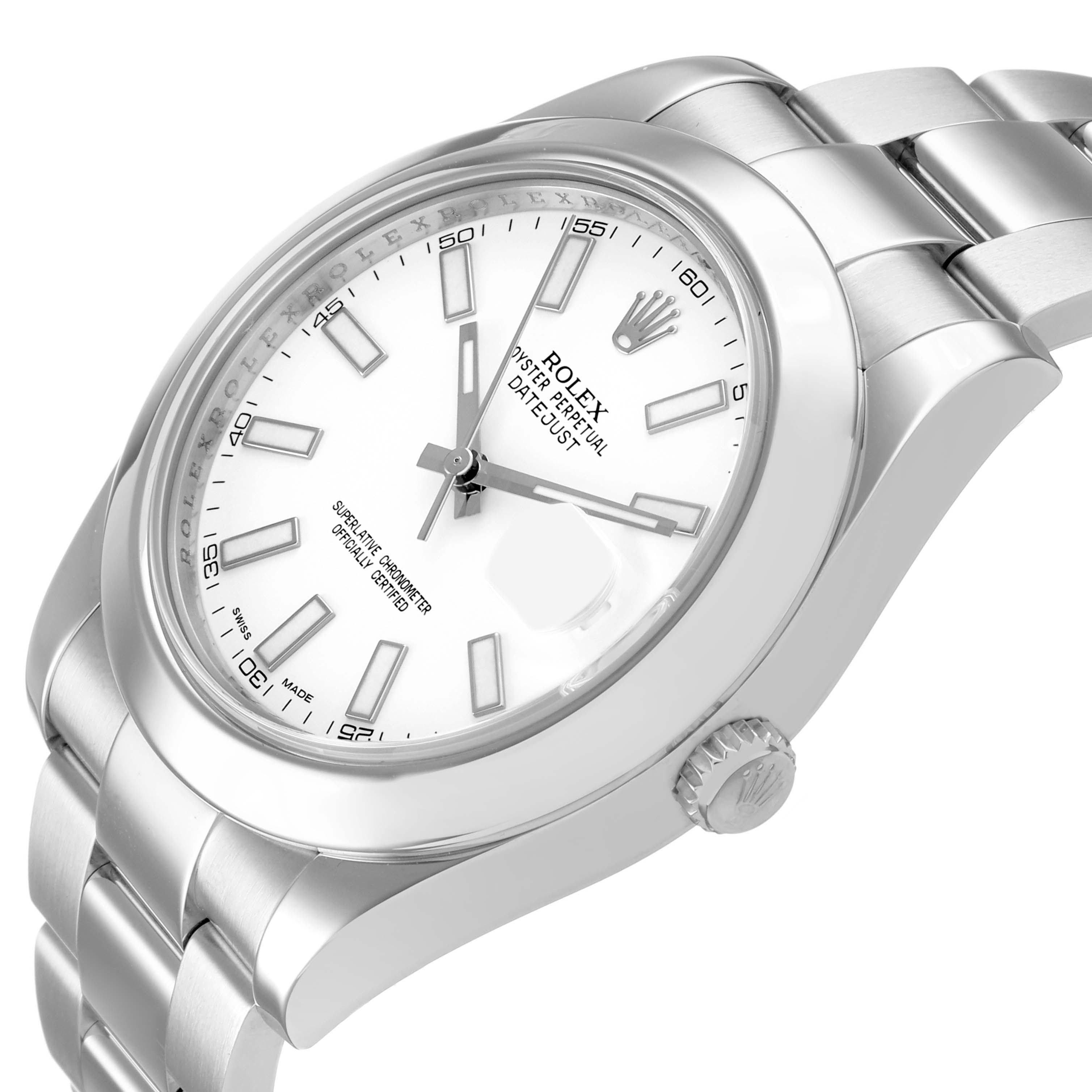 The Rolex Datejust 116300 Men's Stainless Steel White Dial watch is shown at an angled view, displaying the dial, bezel, case, and part of the bracelet.