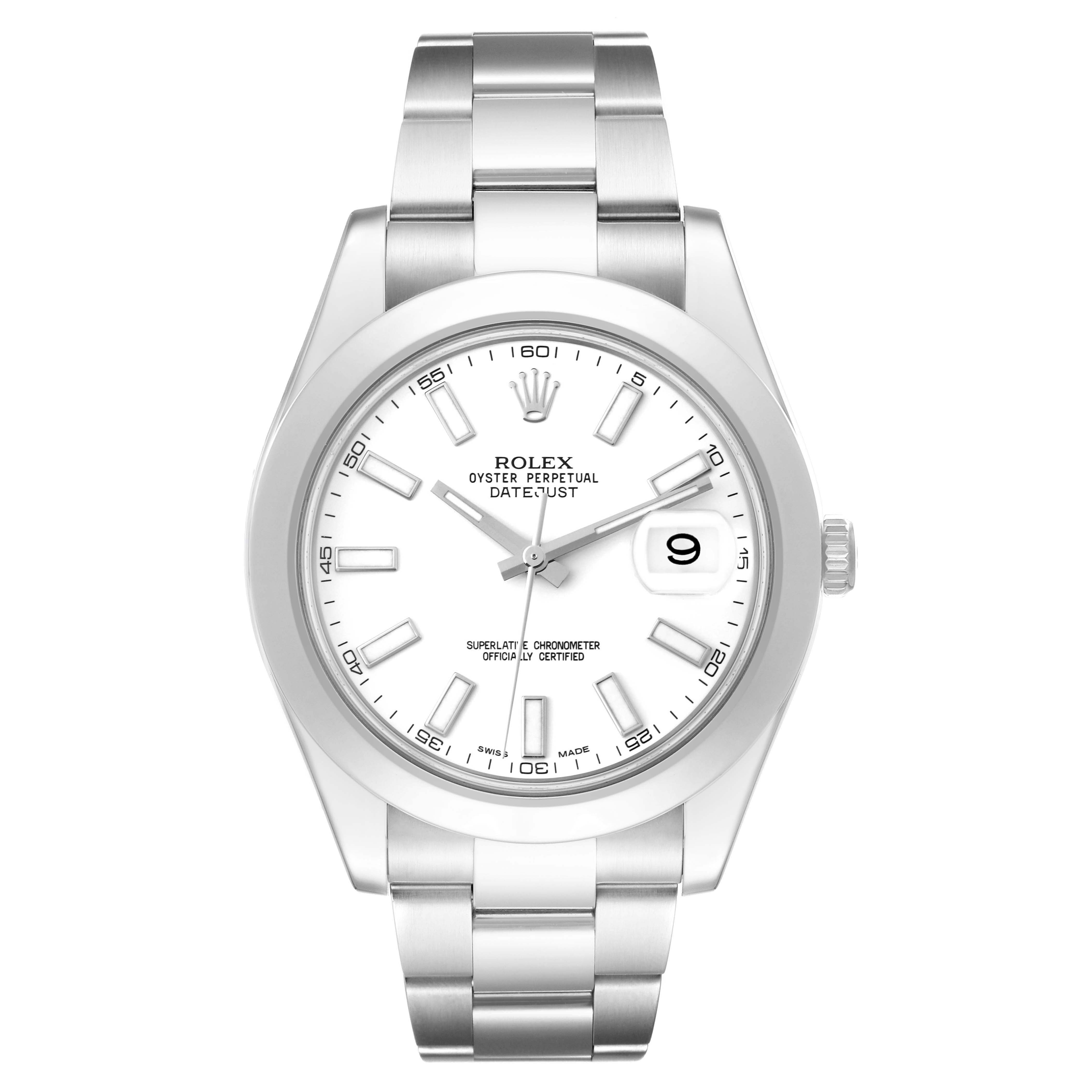 The Rolex Datejust 116300 Men's Stainless Steel White Dial watch is shown from a front angle, highlighting the dial, bezel, bracelet, and date window.