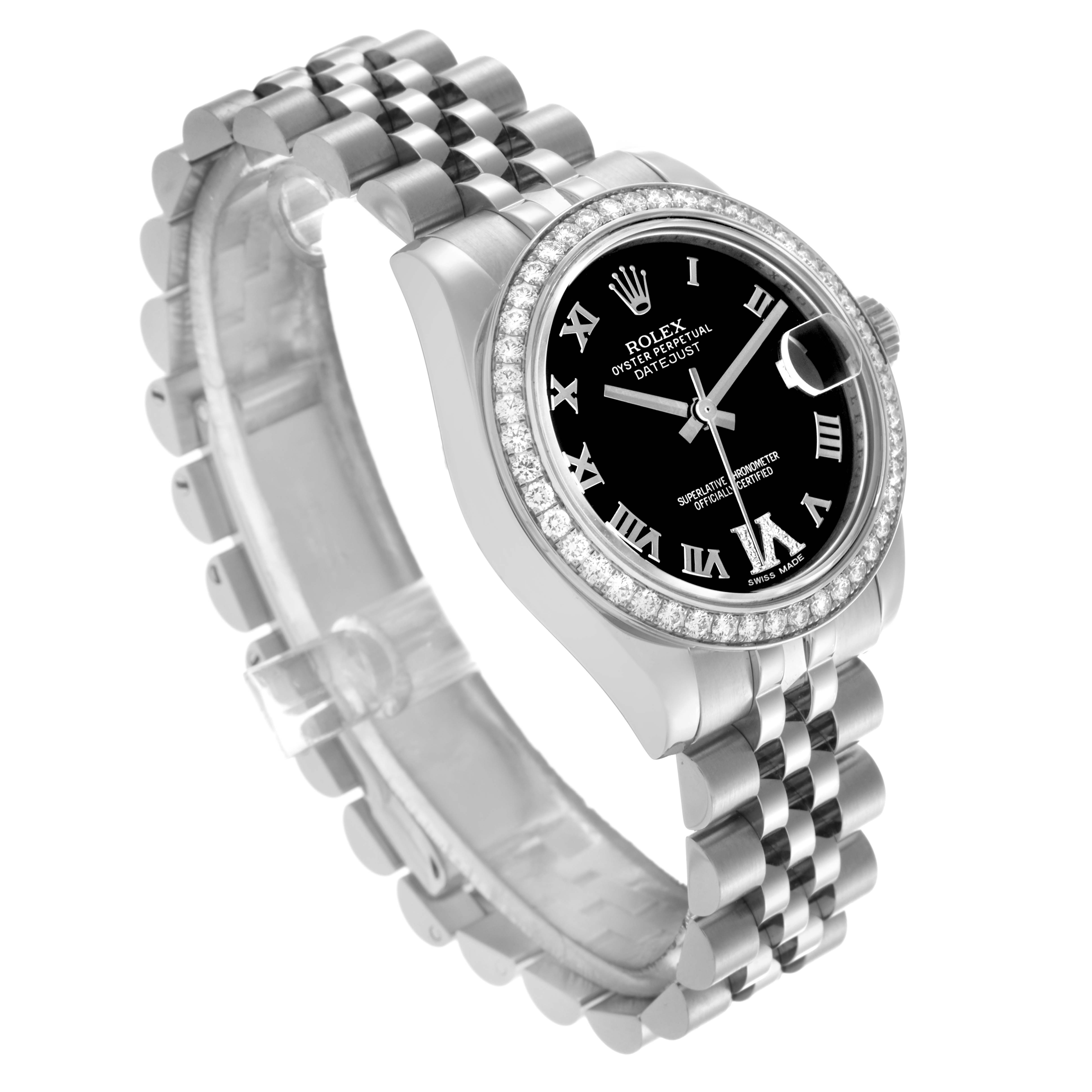 The Rolex Mid-Size 178384 Women's Stainless Steel Black Dial 178384 Women's Stainless Steel Black Dial watch is shown at a three-quarter angle, highlighting the bezel, dial, and bracelet.