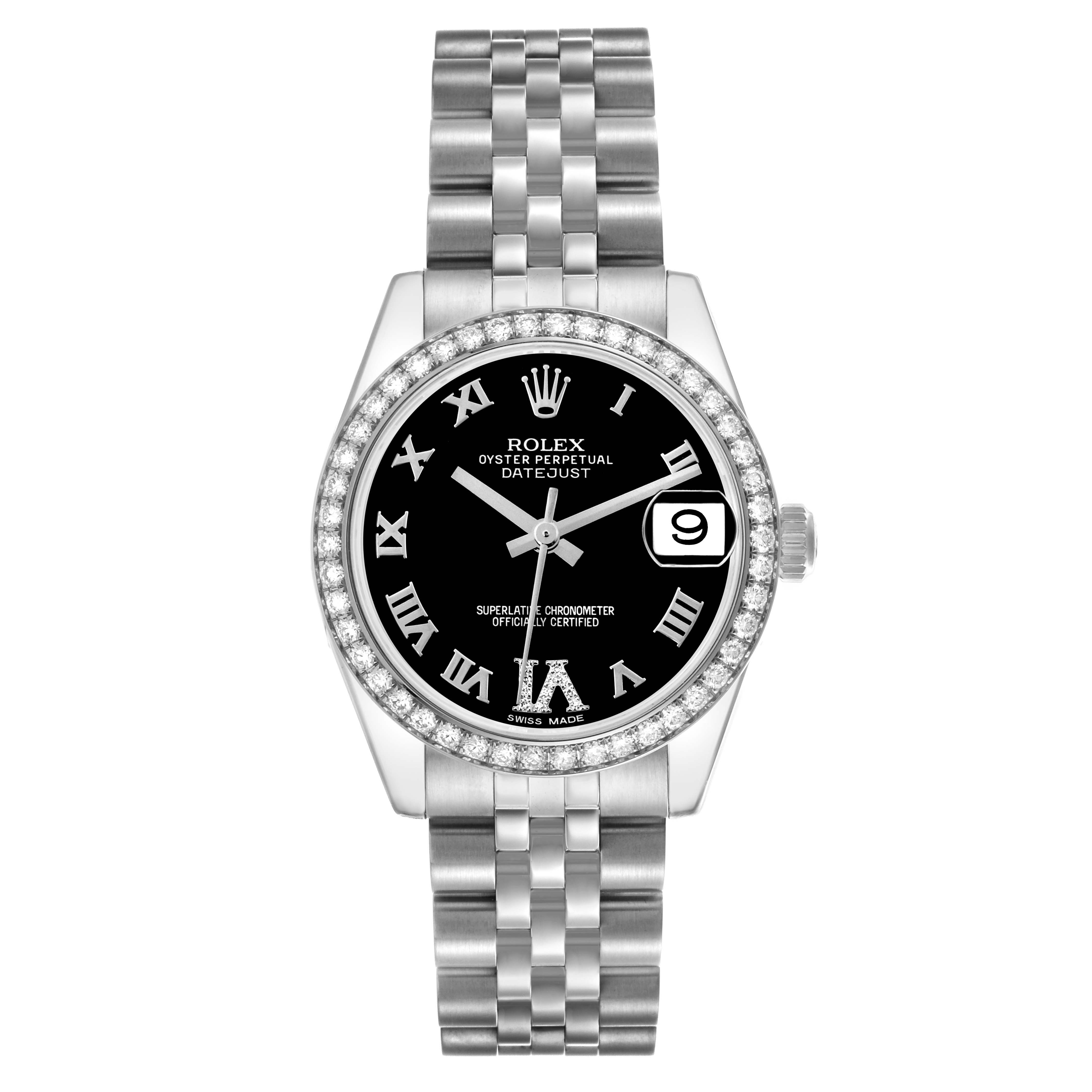 The Rolex Mid-Size 178384 Women's Stainless Steel Black Dial 178384 Women's Stainless Steel Black Dial Datejust is shown from a top-down angle, displaying the face, bezel, and bracelet.