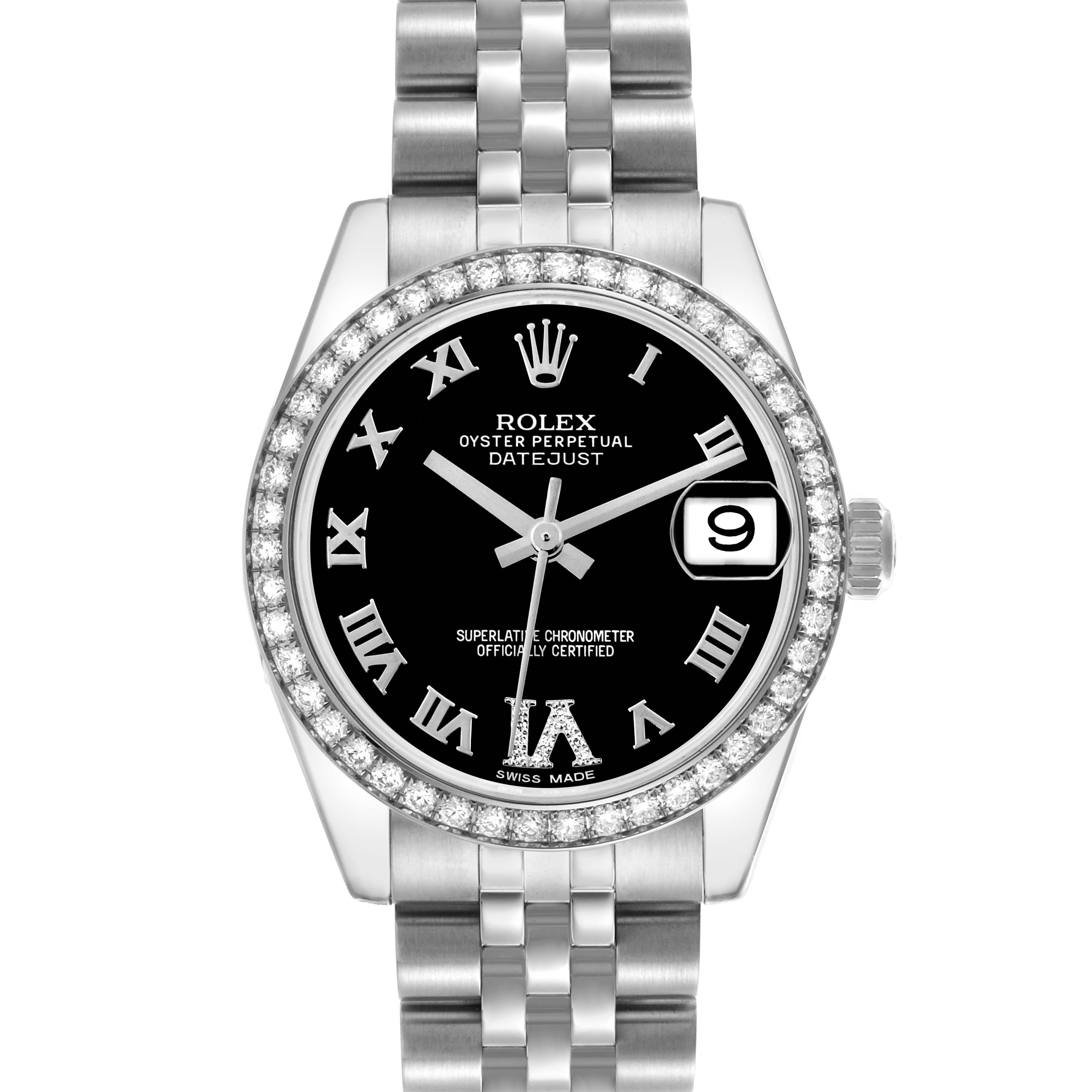 The Rolex Mid-Size 178384 Women's Stainless Steel Black Dial 178384 Women's Stainless Steel Black Dial watch is shown from a front angle, highlighting its bracelet, dial, bezel, and crown.