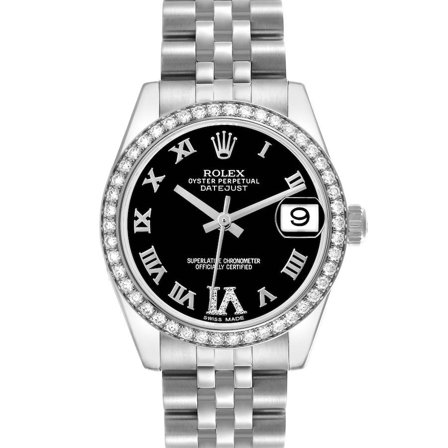The Rolex Mid-Size watch is shown from a front angle, highlighting its bracelet, dial, bezel, and crown.