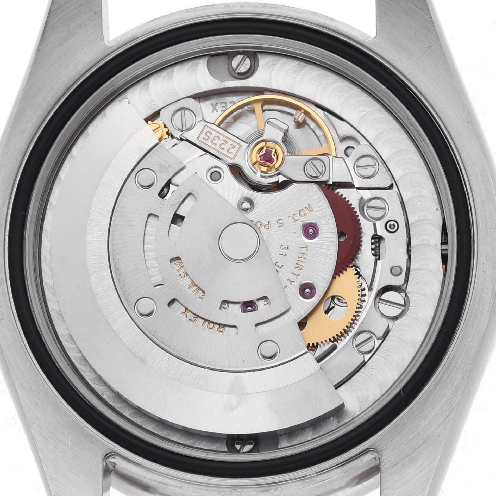 The image shows the internal movement mechanism of a Rolex Mid-Size 178384 Women's Stainless Steel Black Dial 178384 Women's Stainless Steel Black Dial model, viewed from the case back angle.