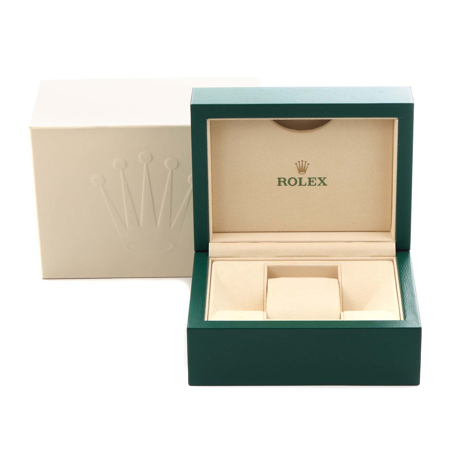 The image shows an open Rolex watch box from a Mid-Size model with the logo visible inside.