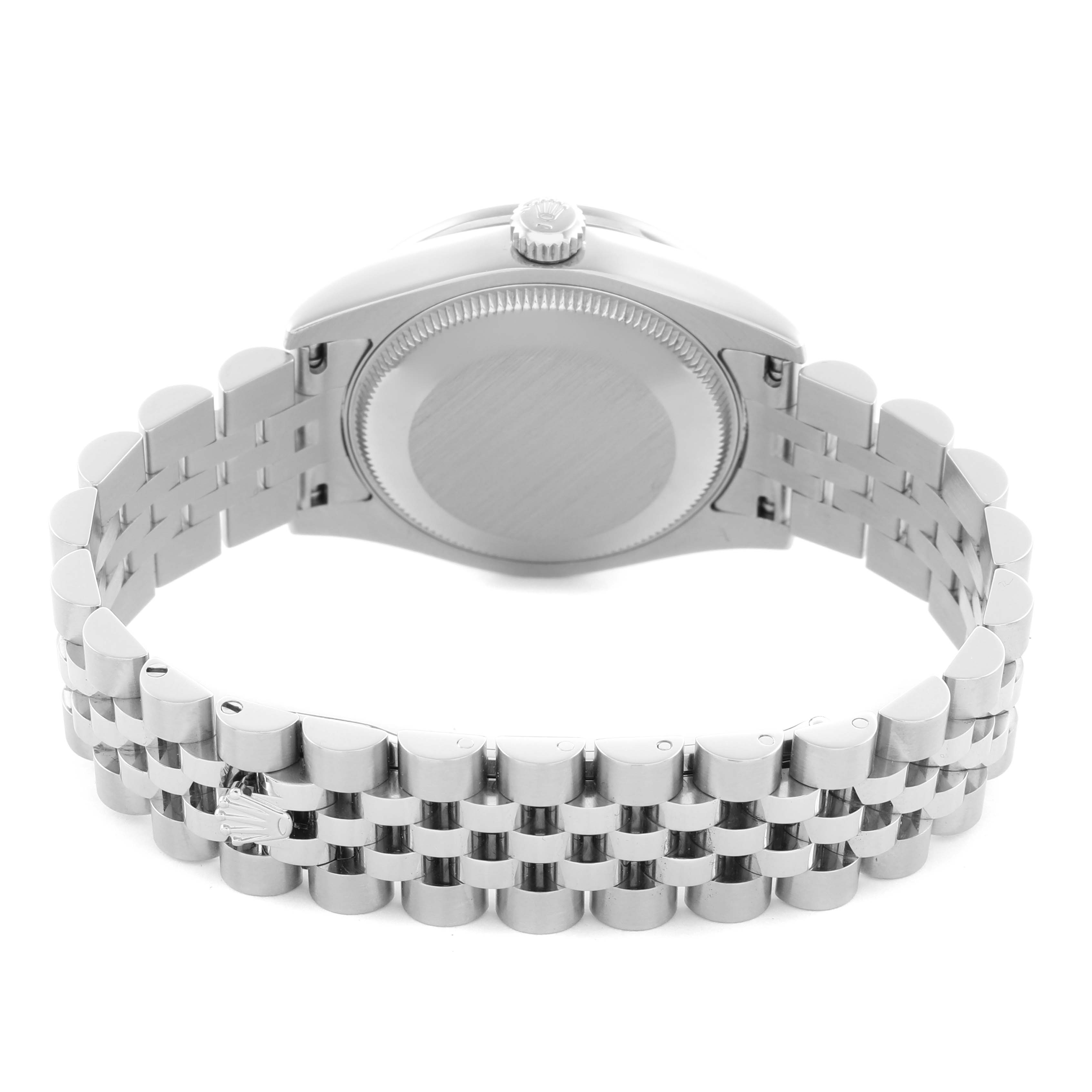 The image shows the back view of a Rolex Mid-Size 178384 Women's Stainless Steel Black Dial 178384 Women's Stainless Steel Black Dial model, highlighting the case back, crown, and bracelet.