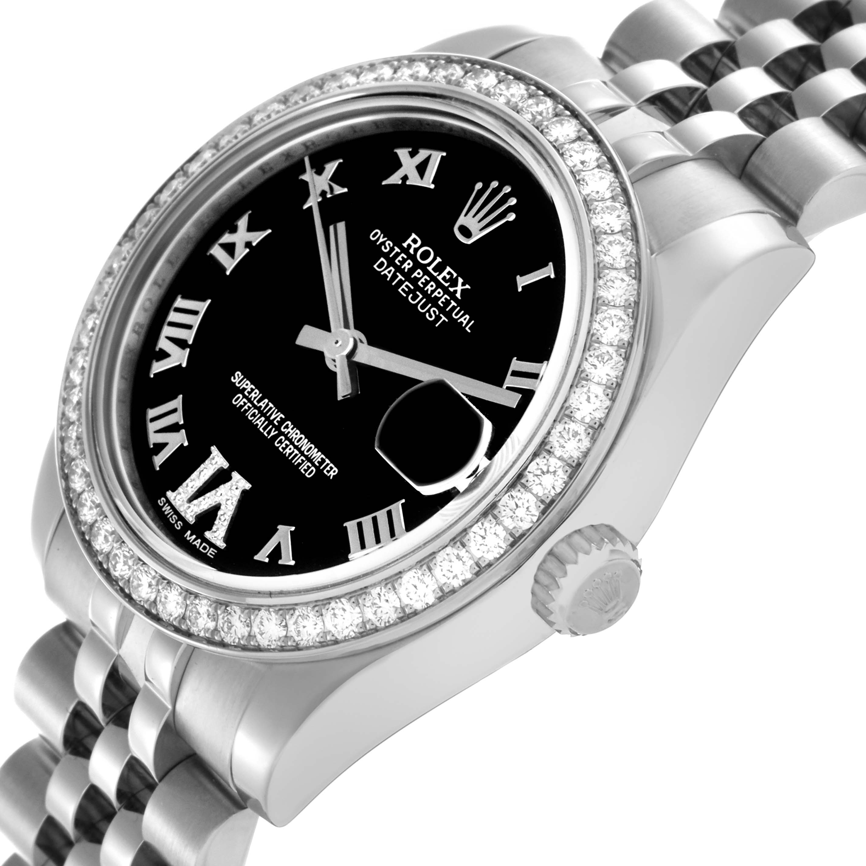 The Rolex Mid-Size 178384 Women's Stainless Steel Black Dial 178384 Women's Stainless Steel Black Dial watch is shown at an angle displaying the face, bezel, crown, and part of the bracelet.