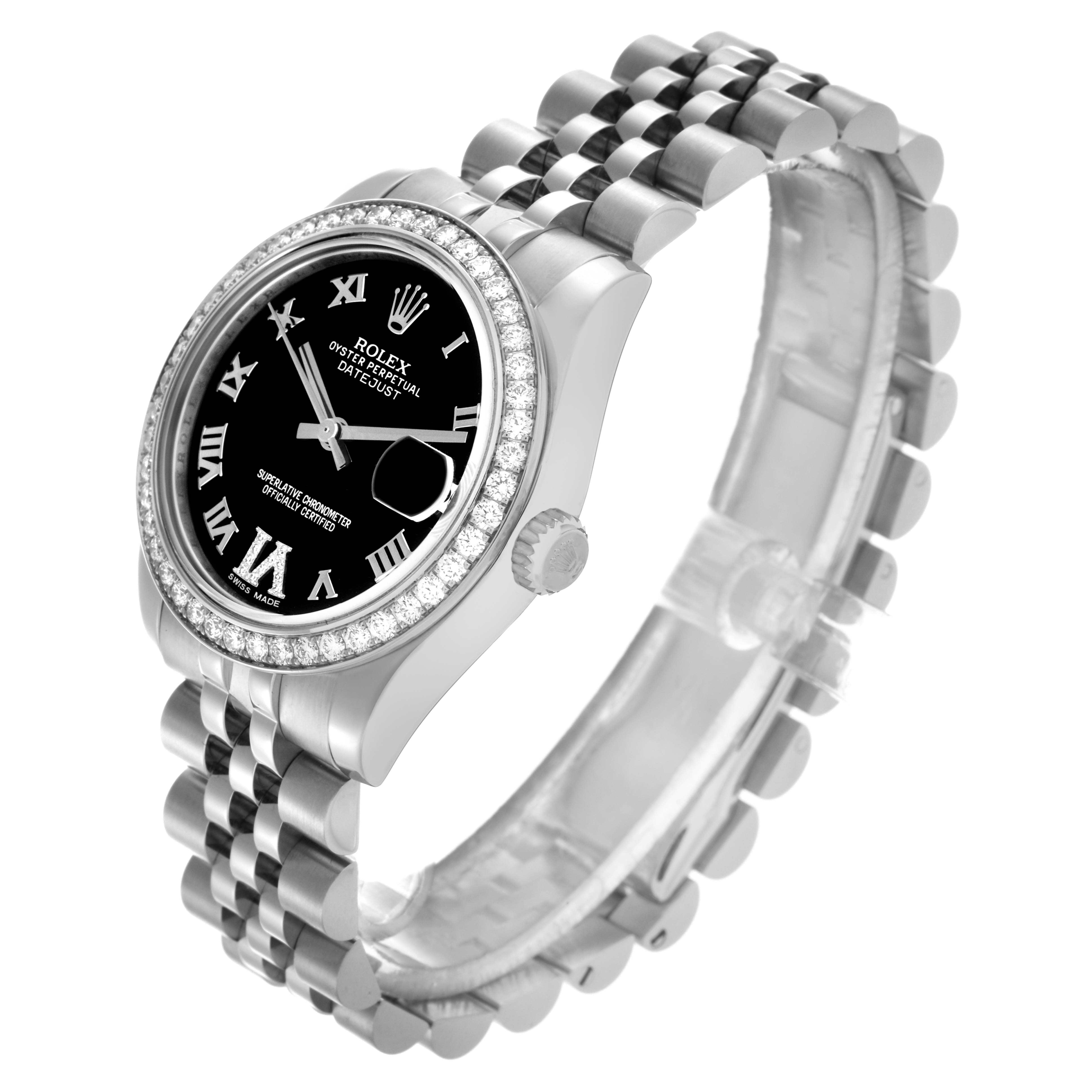 The image shows a side angle of a Rolex Mid-Size 178384 Women's Stainless Steel Black Dial 178384 Women's Stainless Steel Black Dial watch, highlighting the bezel, dial, crown, and Jubilee bracelet.